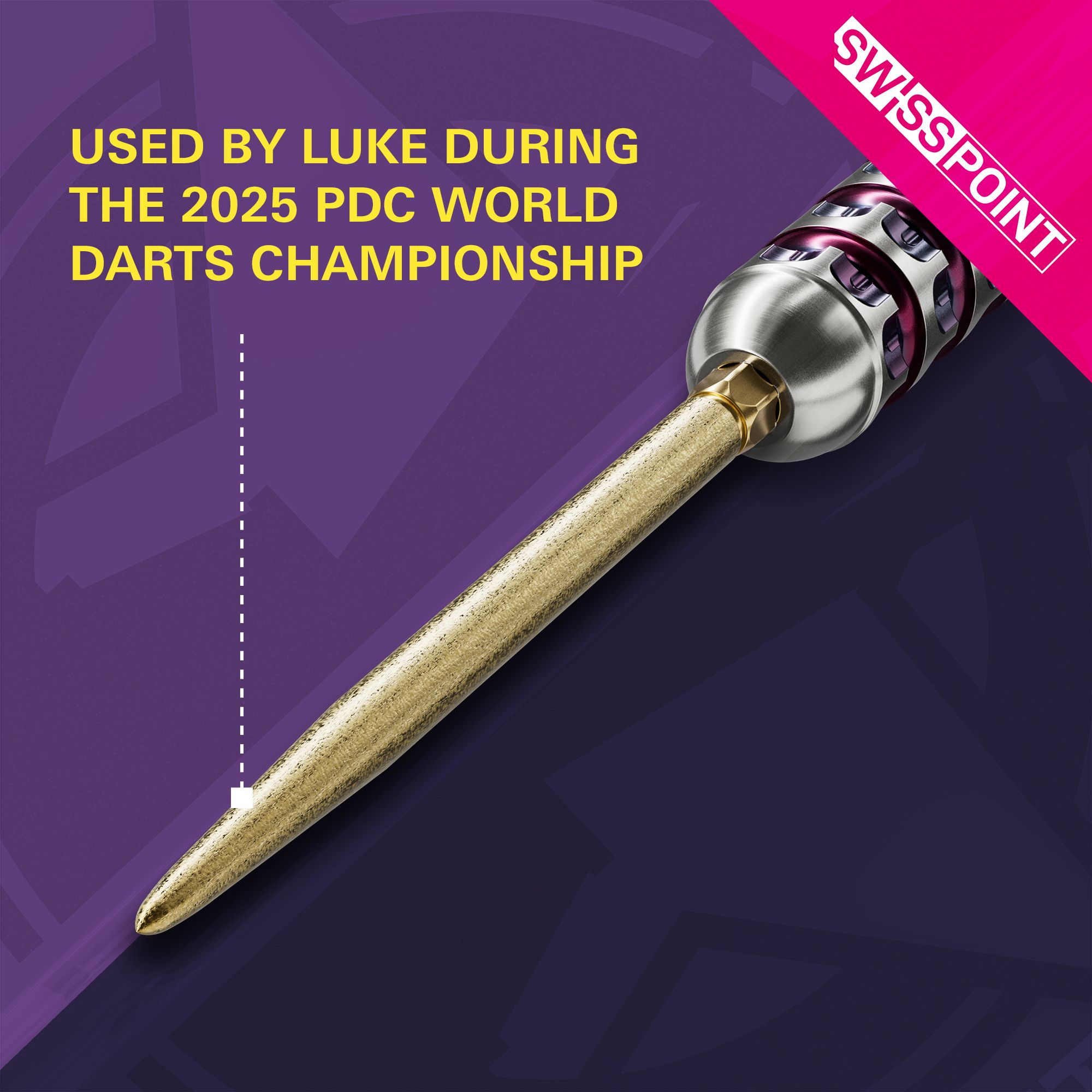 Auf dem Bild ist die goldene Target Swiss Point SLK Dartspitze zu sehen. Im Text wird hervorgehoben, dass sie von Luke während der PDC Darts-Weltmeisterschaft 2025 benutzt wurde.