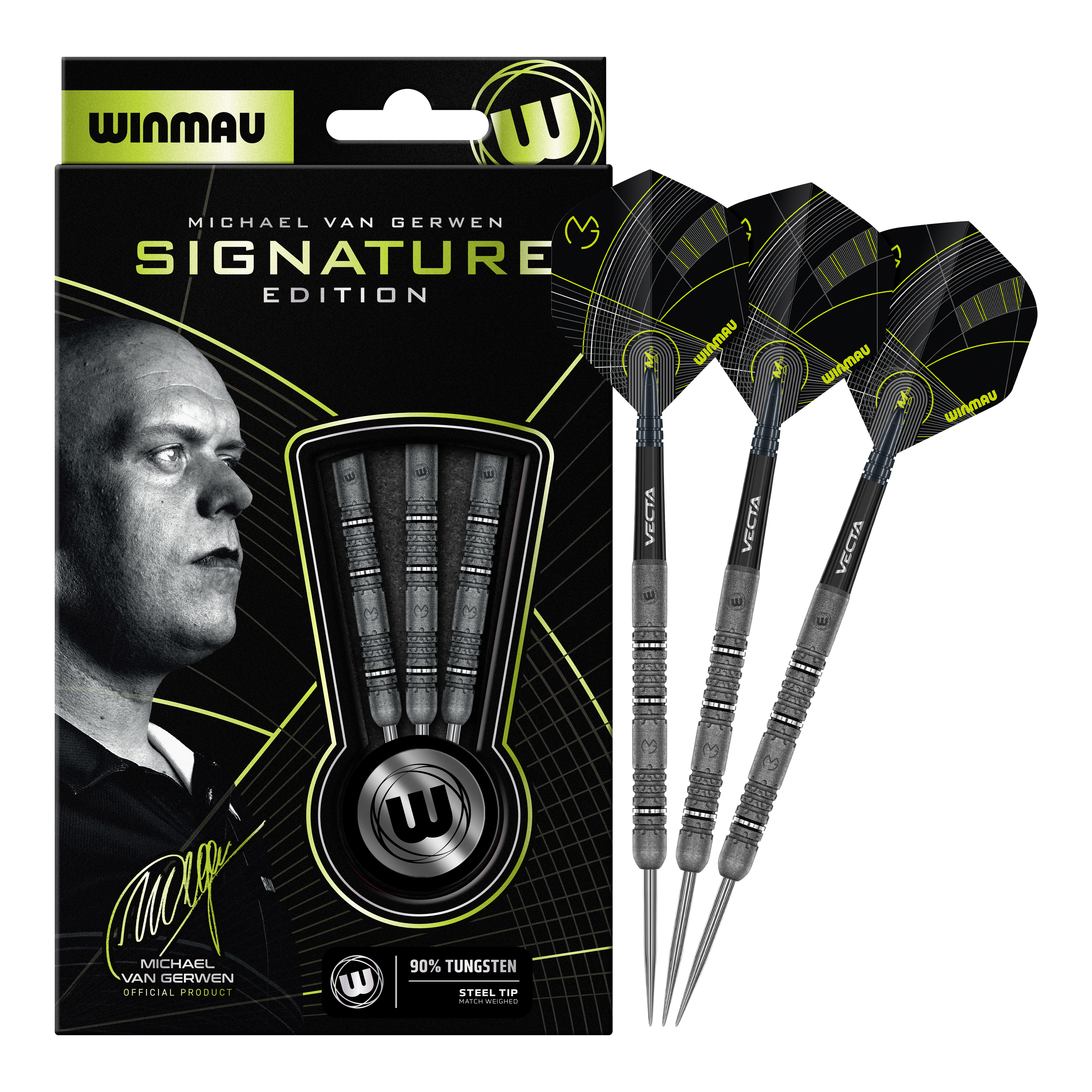 Winmau Michael Van Gerwen Signature Edition Steeldarts Zu sehen sind die Winmau Michael Van Gerwen Signature Edition Steeldarts. Das Produkt wurde in Zusammenarbeit mit dem Dartspieler Michael Van Gerwen entwickelt.
