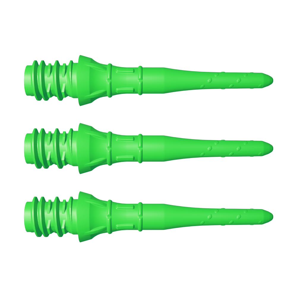 L-Style Premium Lippoints Short (30er Pack) Das Bild zeigt drei kurze, grüne Dartspitzen in einer Reihe. Sie sind identisch und haben ein leuchtendes Neon-Grün.