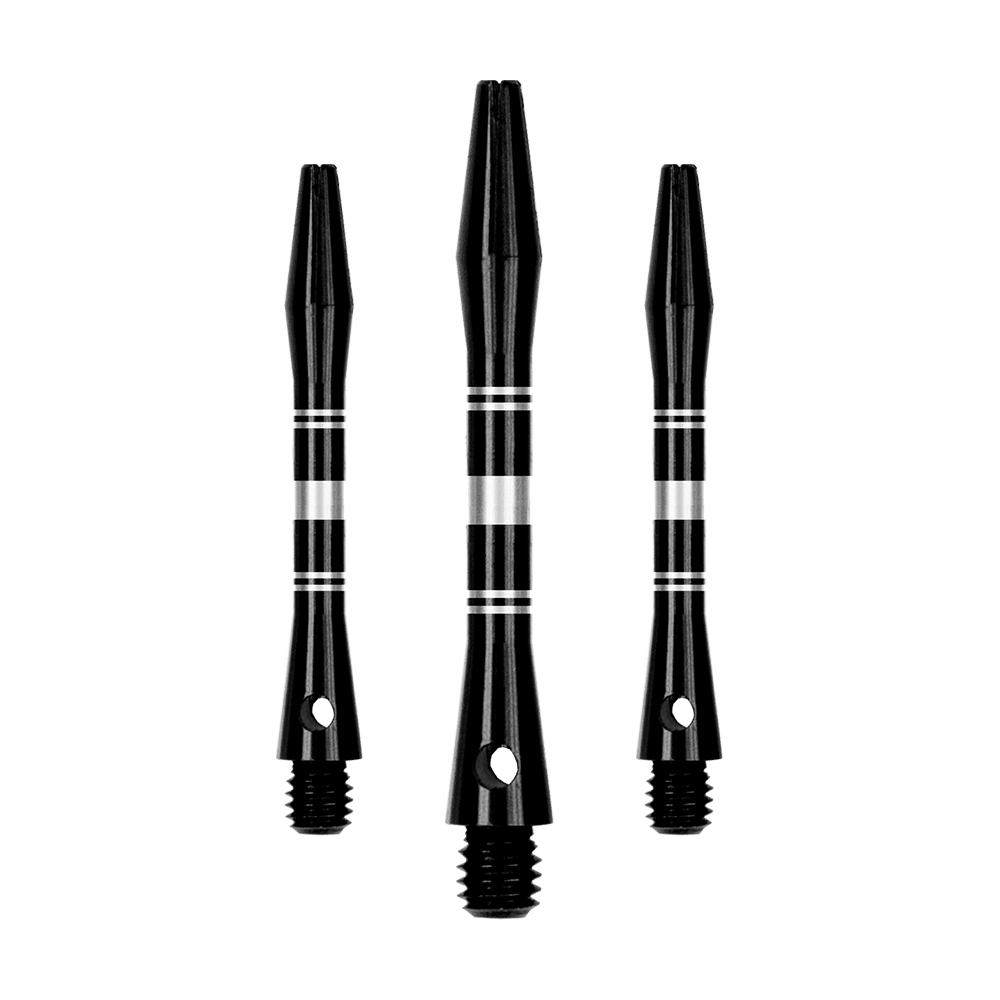 Ringed Aluminum Shafts - Black Silver Dieses Bild zeigt ein Set von Aluminium Shafts in Schwarz und Silber. Mehrere Komponenten des Sets sind sichtbar dargestellt.