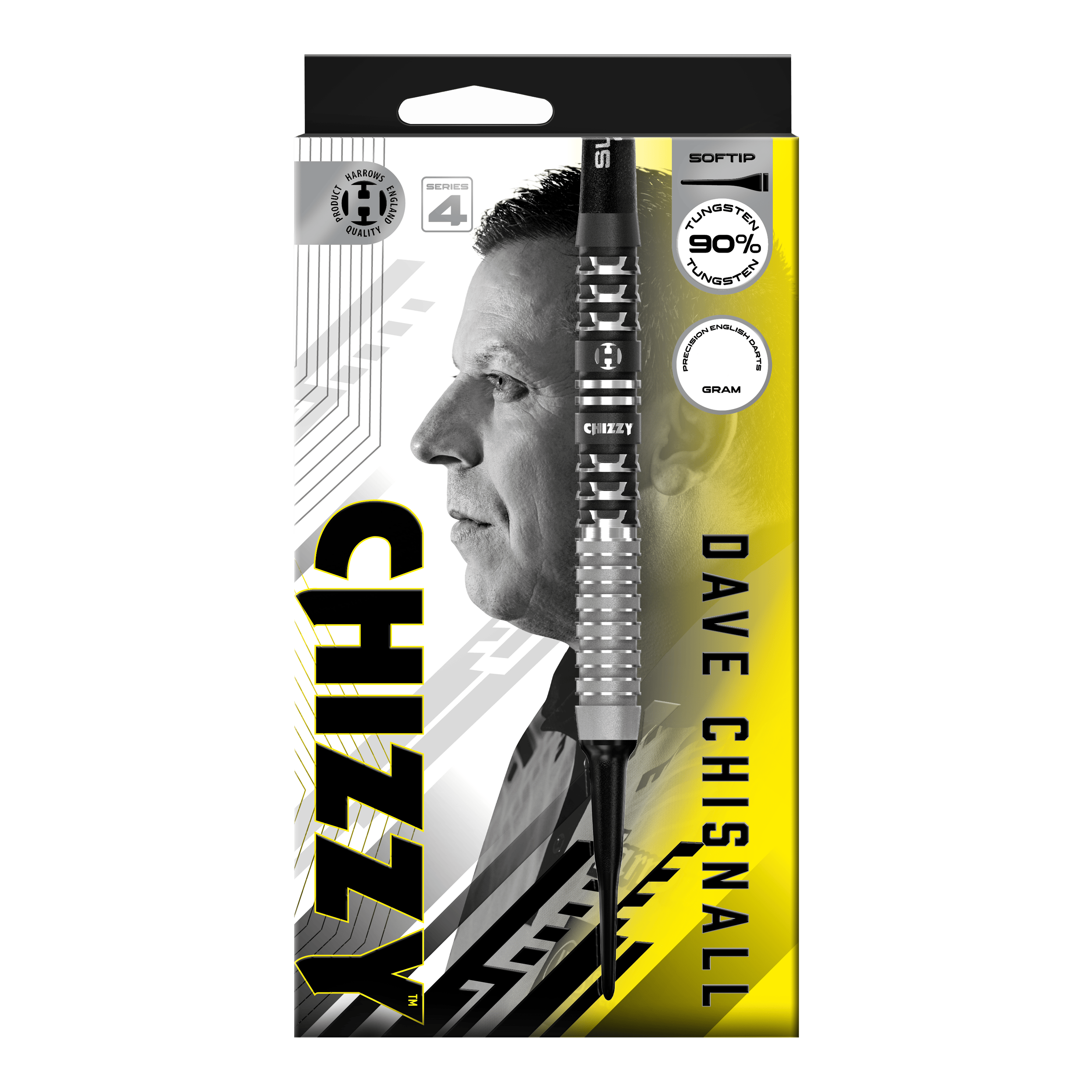 Das Bild zeigt die Harrows Dave Chisnall Chizzy Series 4 Softdarts. Diese Softdarts wurden für Präzisionswürfe entwickelt.