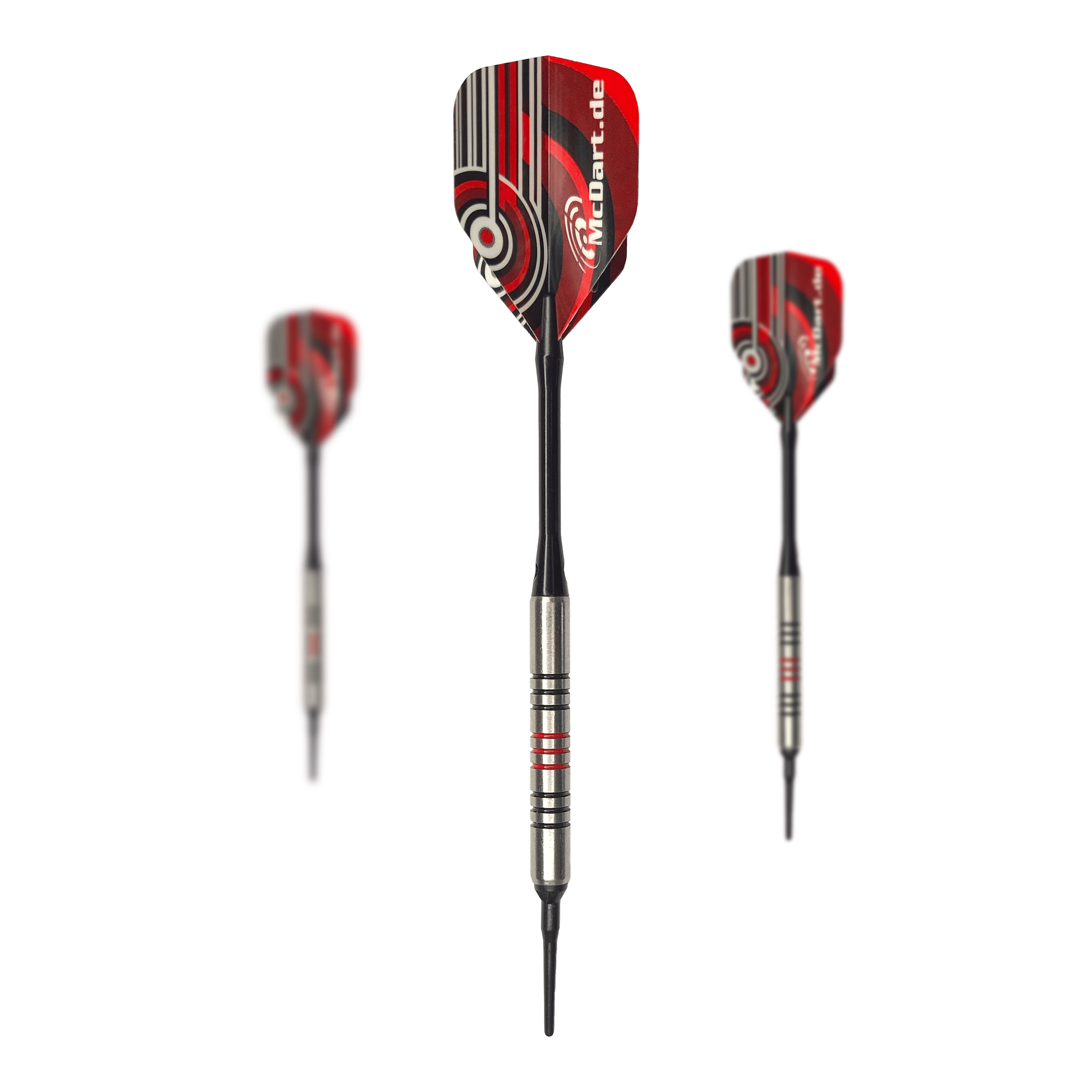 McDart 85 Tungsten V11 Soft Darts - 17.5g Das Bild zeigt drei Softdarts des Modells "McDart 85er Tungsten V11" mit einem Gewicht von 17,5 g. Die Darts haben einen silbernen Barrel mit roten Ringen und rote Flights mit grafischem Muster.