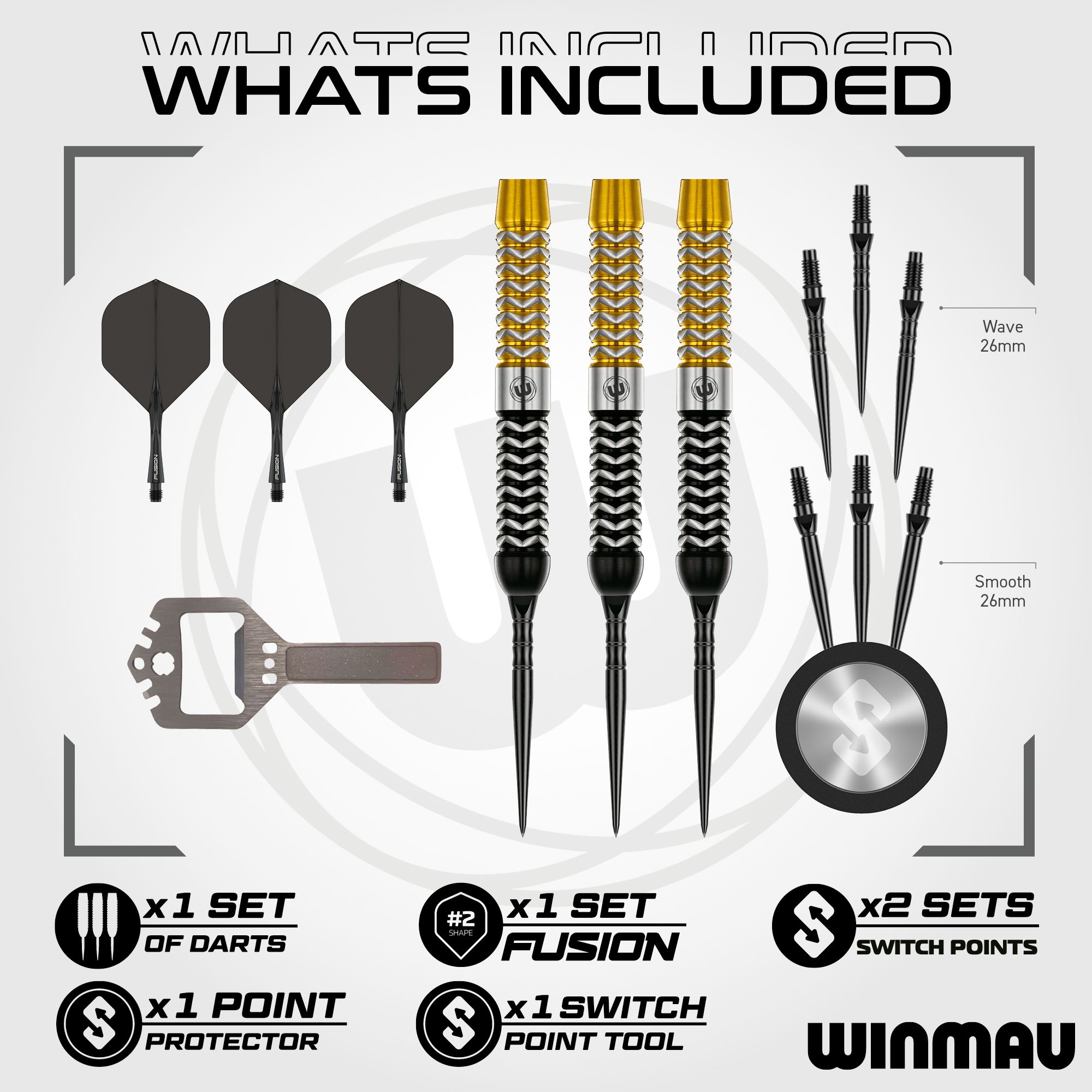 Zu sehen sind Winmau Exion Parallel Switch Point Steeldarts. Dieses Dart-Set ist ideal für professionelle Spieler.