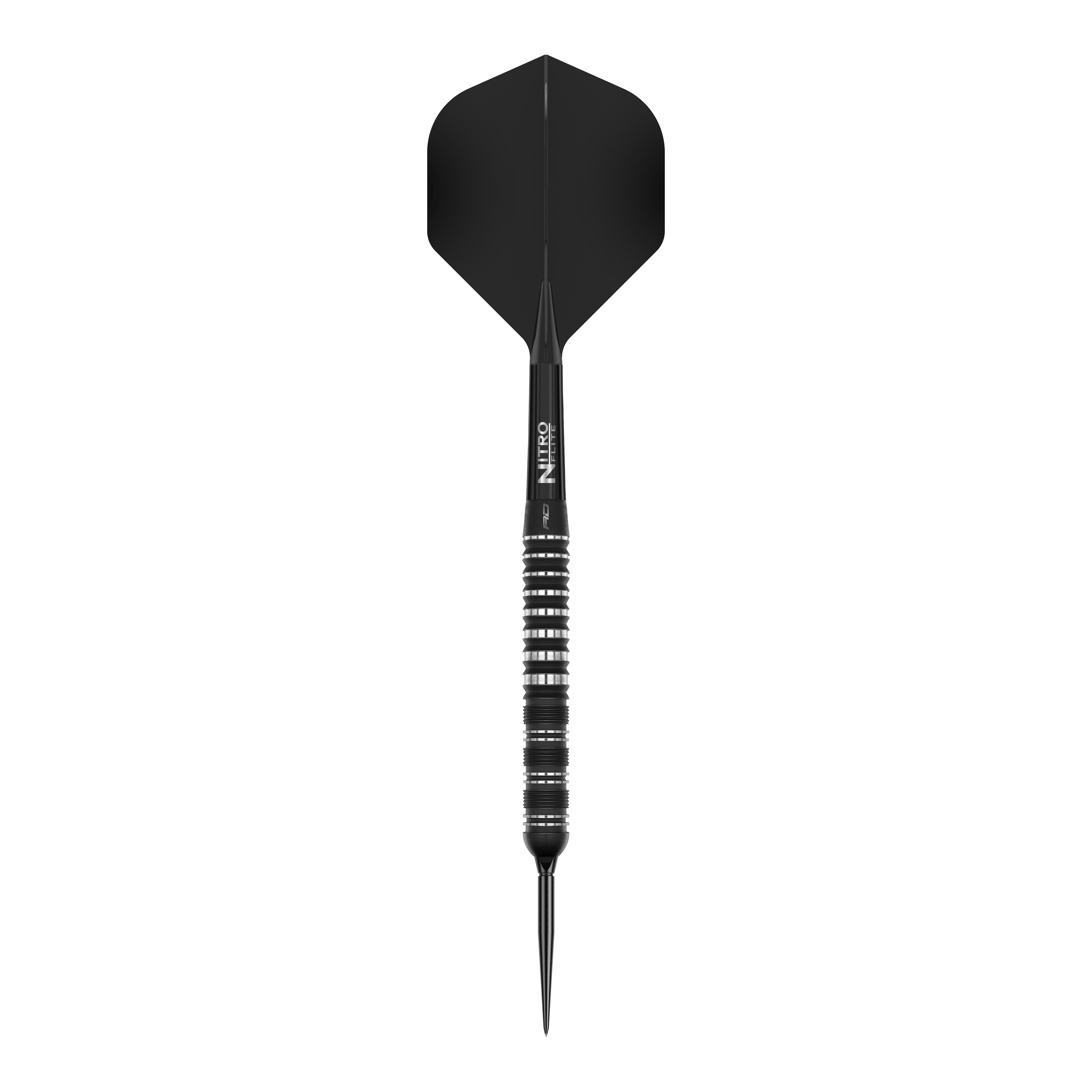 Das Bild zeigt die Red Dragon Sable Parallel Switch Point Steeldarts. Drei silberne Darts sind nebeneinander angeordnet gezeigt.