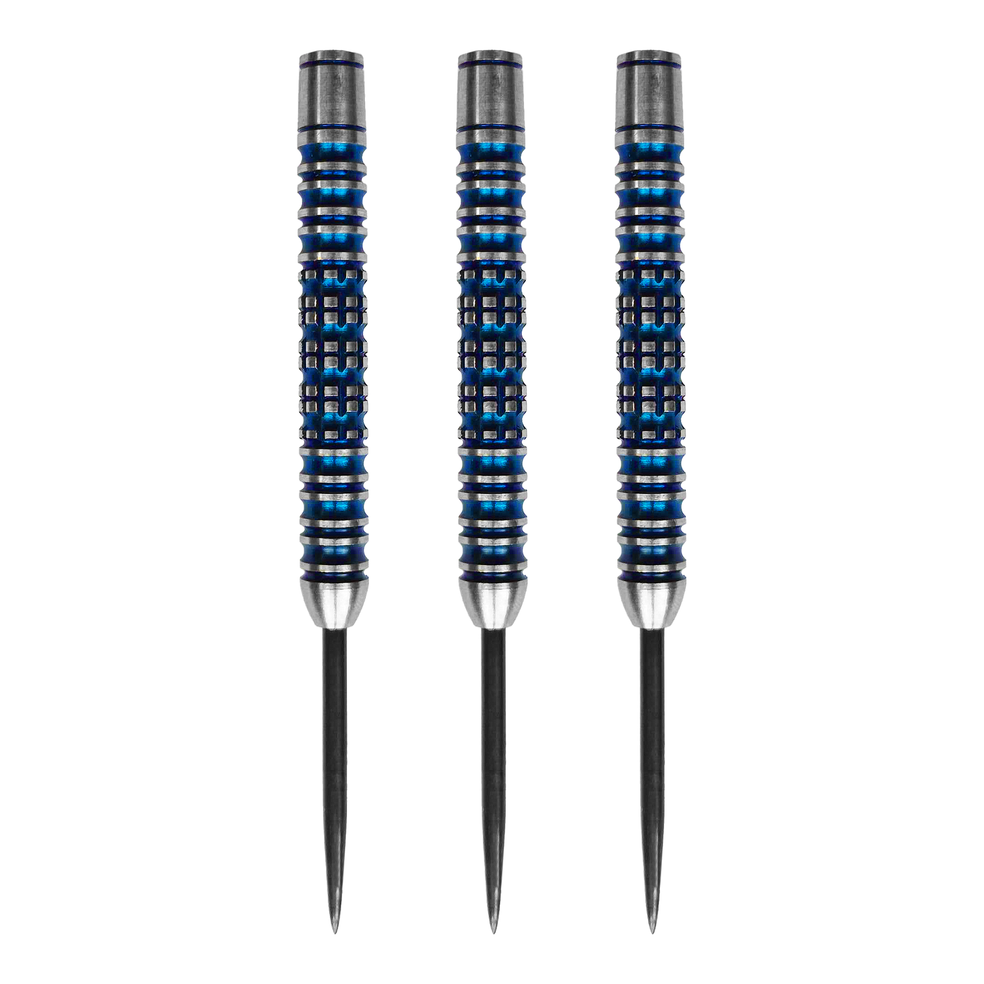 McDart Ocean Steeldart Barrels - 23g Das Bild zeigt drei McDart Ocean Steeldart Barrels mit einem Gewicht von 23g. Die Barrels sind silberfarben mit blauen Rillen und haben eine strukturierte Oberfläche.