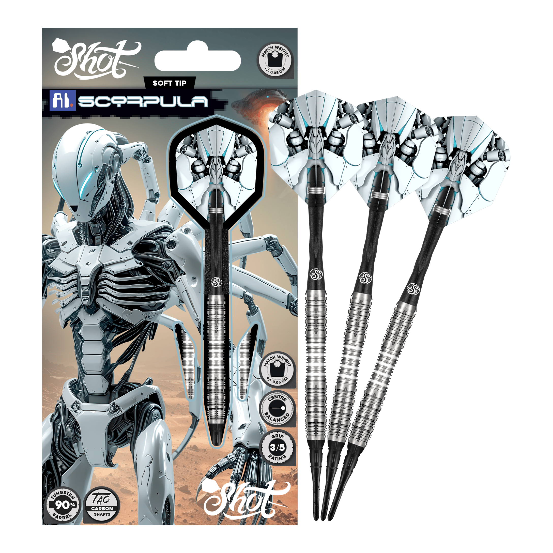 Shot AI Scorpula Soft Darts - 20g Hier ist der Shot AI Scorpula Softdarts - 20g in voller Länge dargestellt. Der Dart zeichnet sich durch seine hochwertige Verarbeitung aus.