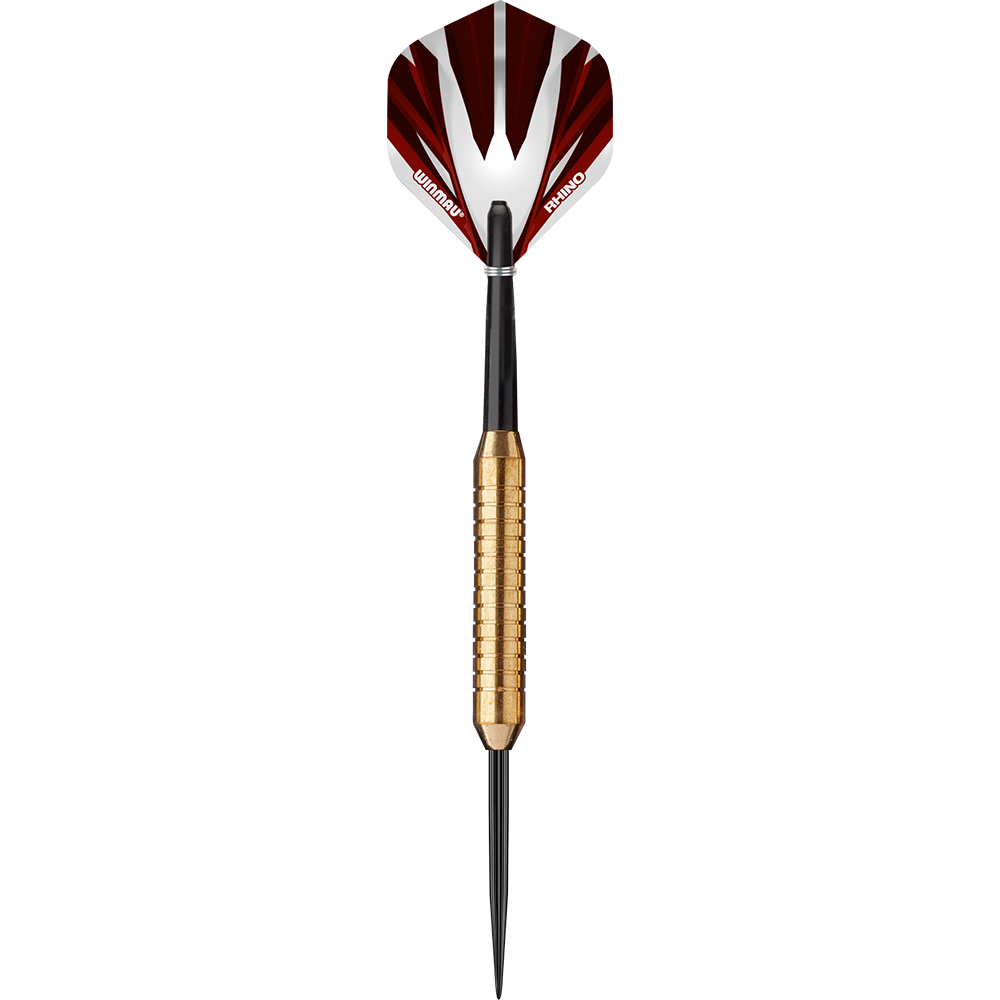 1225-22_Winmau_Broadside_Brass_Steeldarts_15C89jocW5tuTC Dies ist ein Winmau Broadside Brass Steeldart mit einem Gewicht von 22 Gramm. Der Dart hat einen messingfarbenen, geriffelten Griff und eine rot-weiße Flight.