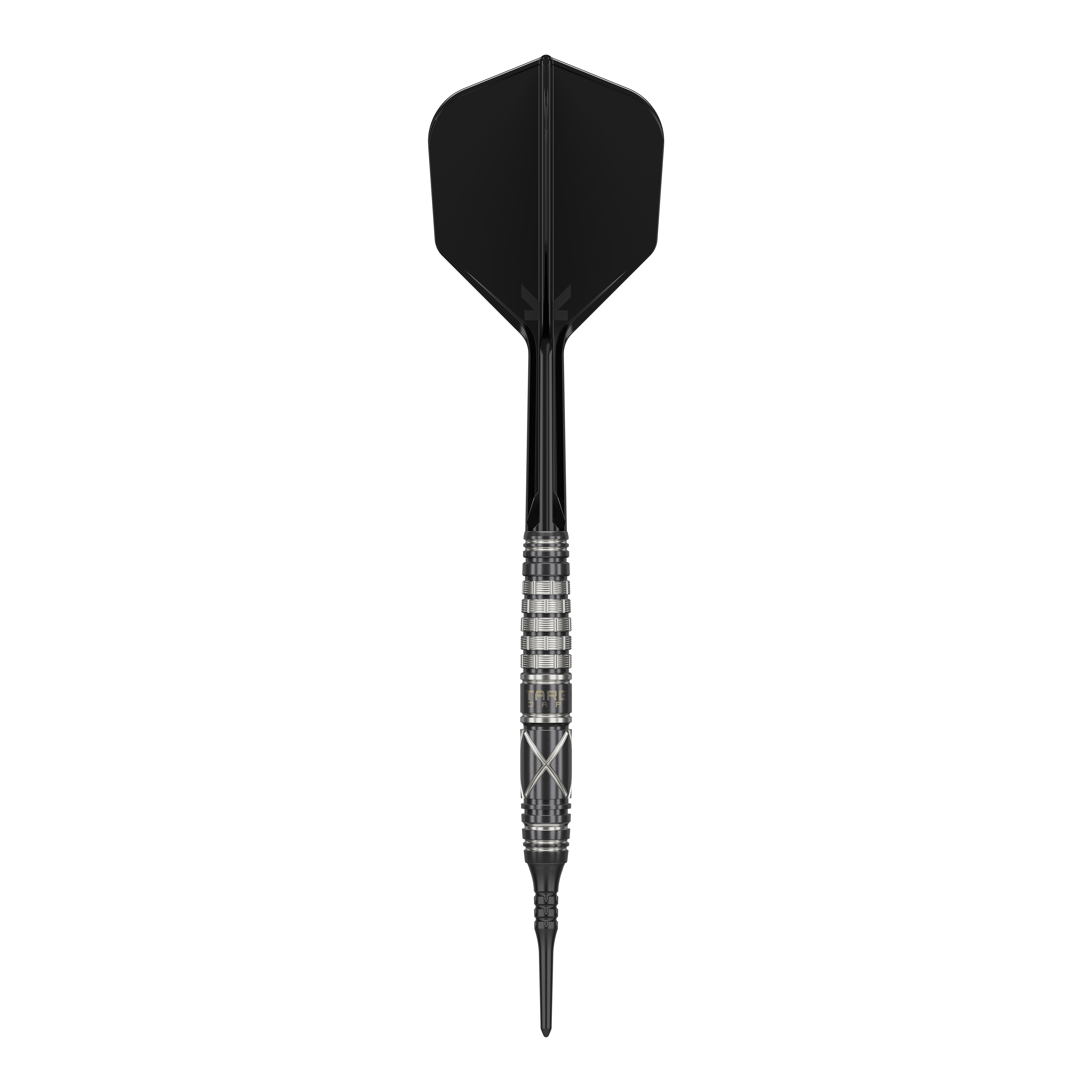 Target Japan Black Marque Chaos 2 Soft Darts - 19g Das Bild zeigt einen Softdart namens "Target Japan Black Marque Chaos 2" mit einem Gewicht von 19 Gramm. Der Dart hat ein elegantes, schwarzes Design mit silbernen Akzenten am Griff.