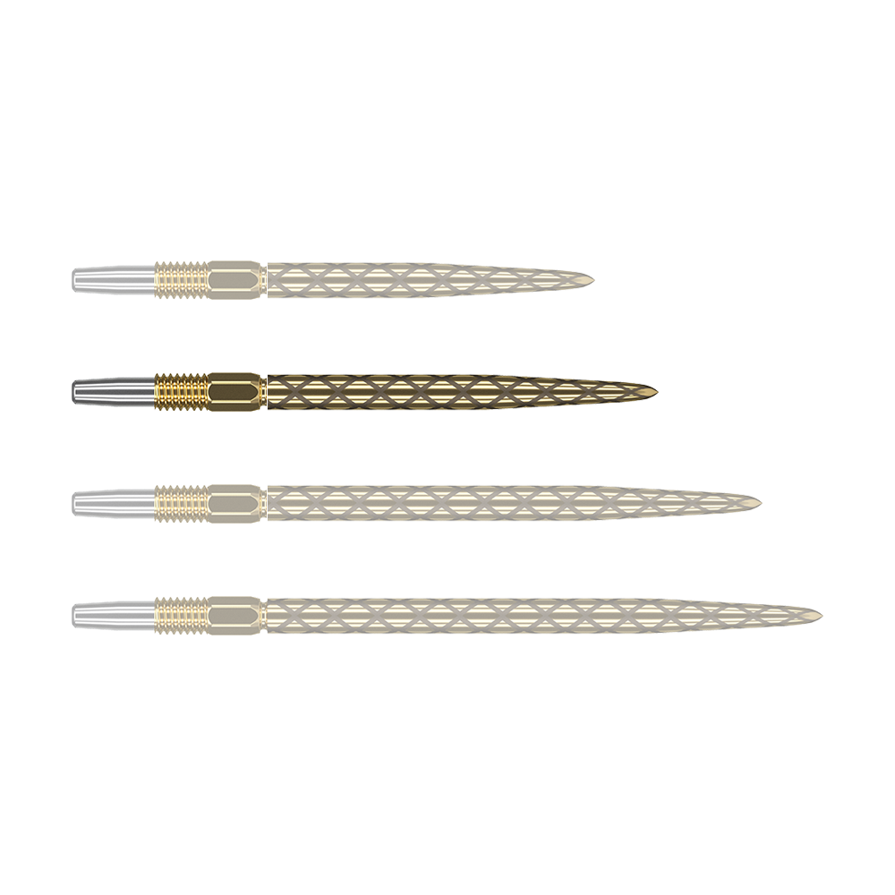 Target Swiss Diamond Pro Gold dart tips Das Bild zeigt vier goldfarbene Dartspitzen mit silberner Spitze, die nebeneinander liegen. Die Oberflächen der Dartspitzen haben ein rautenförmiges Muster.