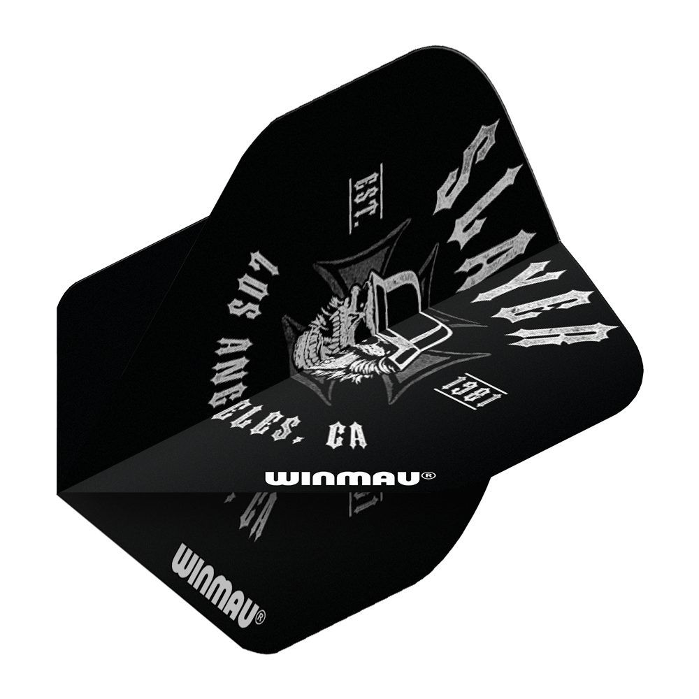 6905-222_Winmau_Rockstar_Legends_Slayer_LA_Standard_Flights_2 Das Bild zeigt die Winmau Rockstar Legends Slayer LA Standard Flights. Das Design ist schwarz mit weißen Schriftzügen und einem rockigen Motiv.