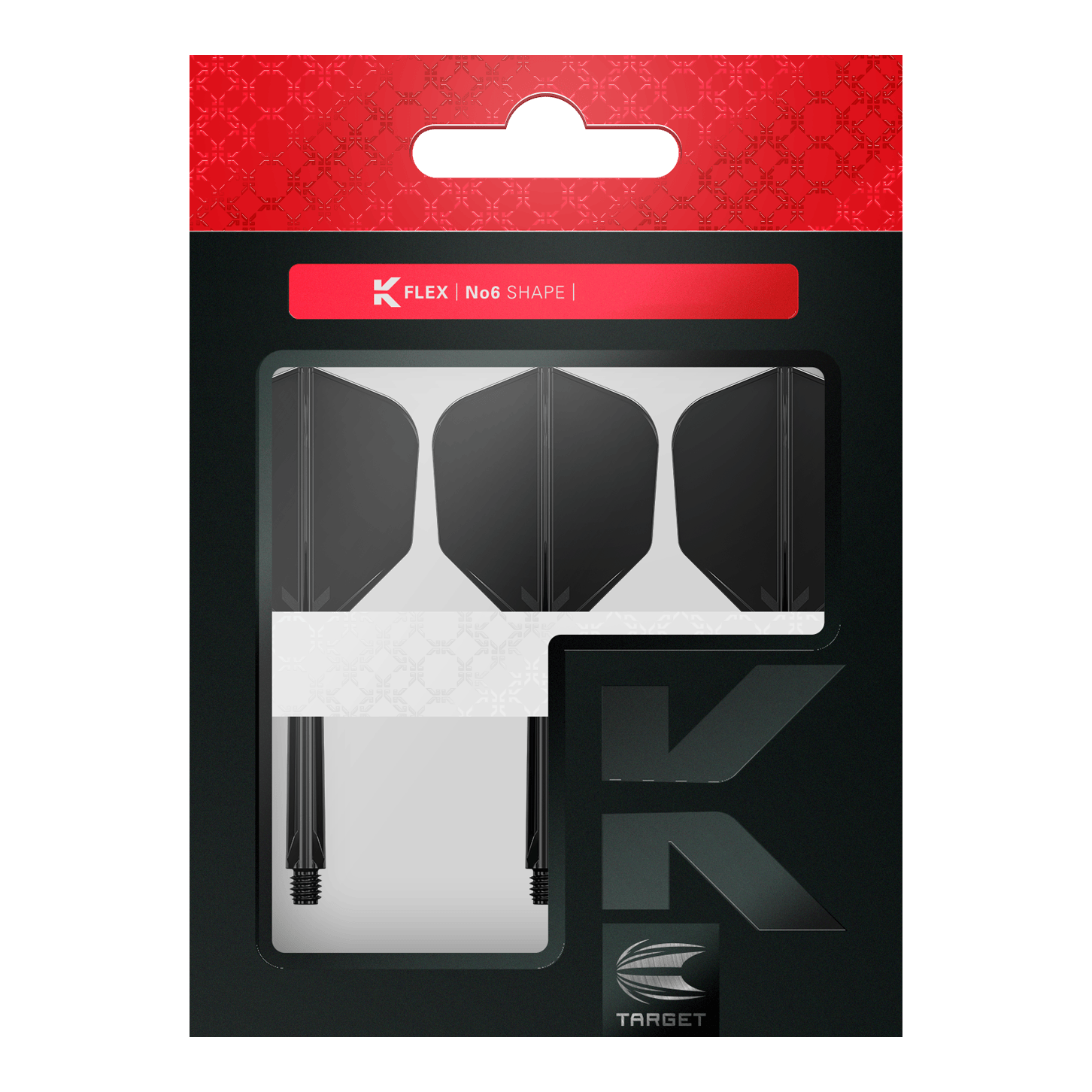 Target K-Flex No6 Flight System - Black Dieses Bild zeigt eine Packung mit schwarzen Dart-Flights und Schäften von der Marke Target. Die Verpackung ist überwiegend schwarz mit einem roten Abschnitt oben und trägt die Aufschrift "K Flex No6 Shape".