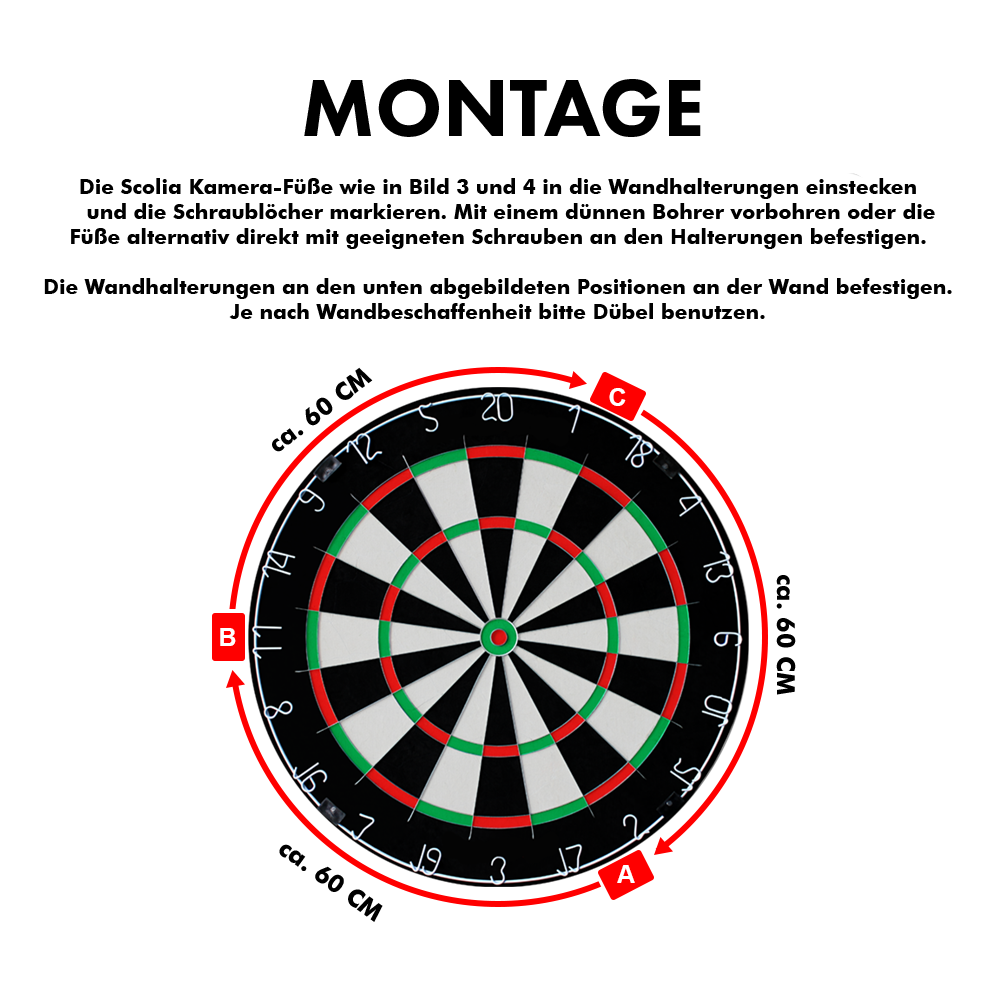 MC_Scolia_Abstandshalter_zur_Wandmontage_5 Das Bild zeigt den "Scolia Abstandshalter zur Wandmontage für Scolia Home 1". In der Mitte ist eine Dartscheibe abgebildet, umgeben von einem rot markierten Abstandshalter mit den Maßen von ca. 60 cm.