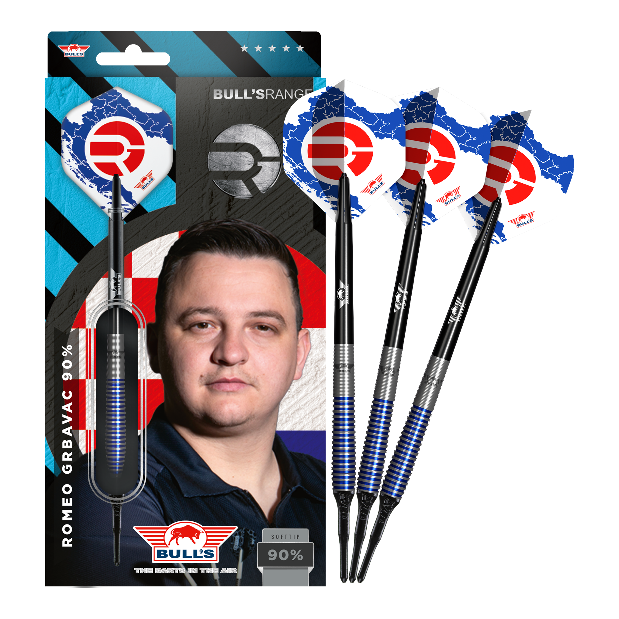 Bulls NL Romeo Grbavac soft darts - 19g Das Bild zeigt das Produkt "Bulls NL Romeo Grbavac Softdarts- 19g" mit einer Verpackung, auf der ein Porträt des Spielers abgebildet ist. Neben der Verpackung sind drei Softdarts mit blau-schwarzen Schäften und auffälligen Flights zu sehen.