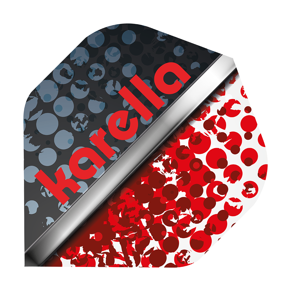 8032-12_Karella_XT-5_No2_Standard_Flights_1 Das Bild zeigt ein Dartflight-Design mit der Aufschrift "Karella" in roten Buchstaben. Die eine Hälfte ist dunkel mit blauen Punkten, die andere Hälfte ist weiß mit roten Punkten gestaltet.