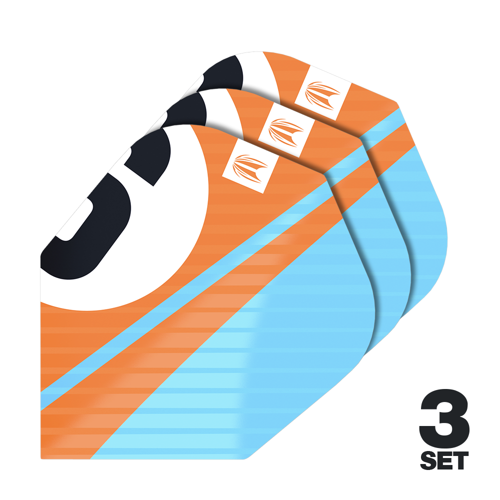 Target Pro Ultra Chicane Orange No6 Flights - 3 Sets Das Bild zeigt drei Sets von Target Pro Ultra Chicane Orange No6 Flights für Dartpfeile. Die Flights sind in Orange, Blau und Schwarz gestaltet und tragen das Target-Logo.