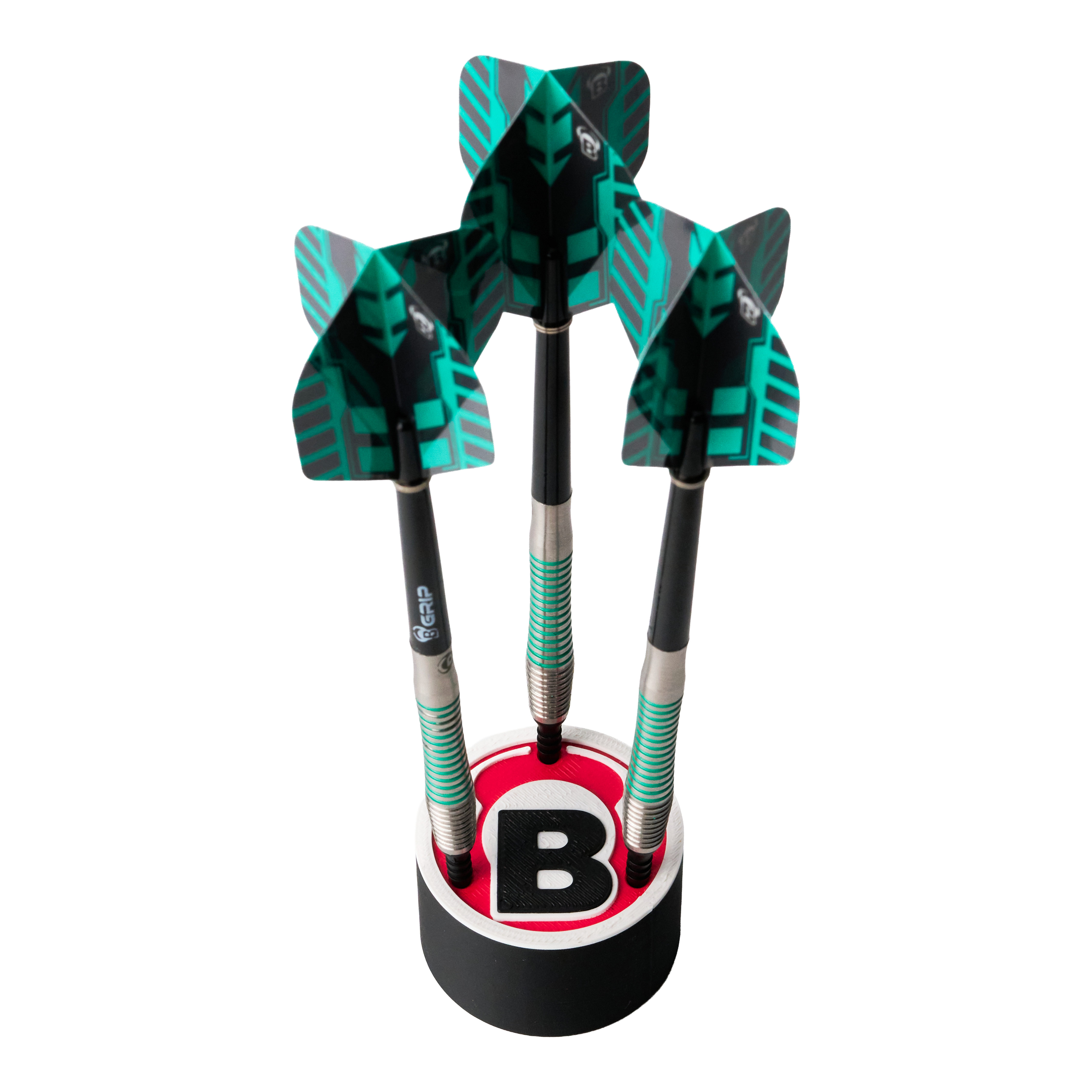 Bulls Dart Holder Logo Round Das Bild zeigt drei Darts, die in einem runden Halter mit dem Bulls-Logo stehen. Die Flights der Darts sind schwarz und grün gemustert.
