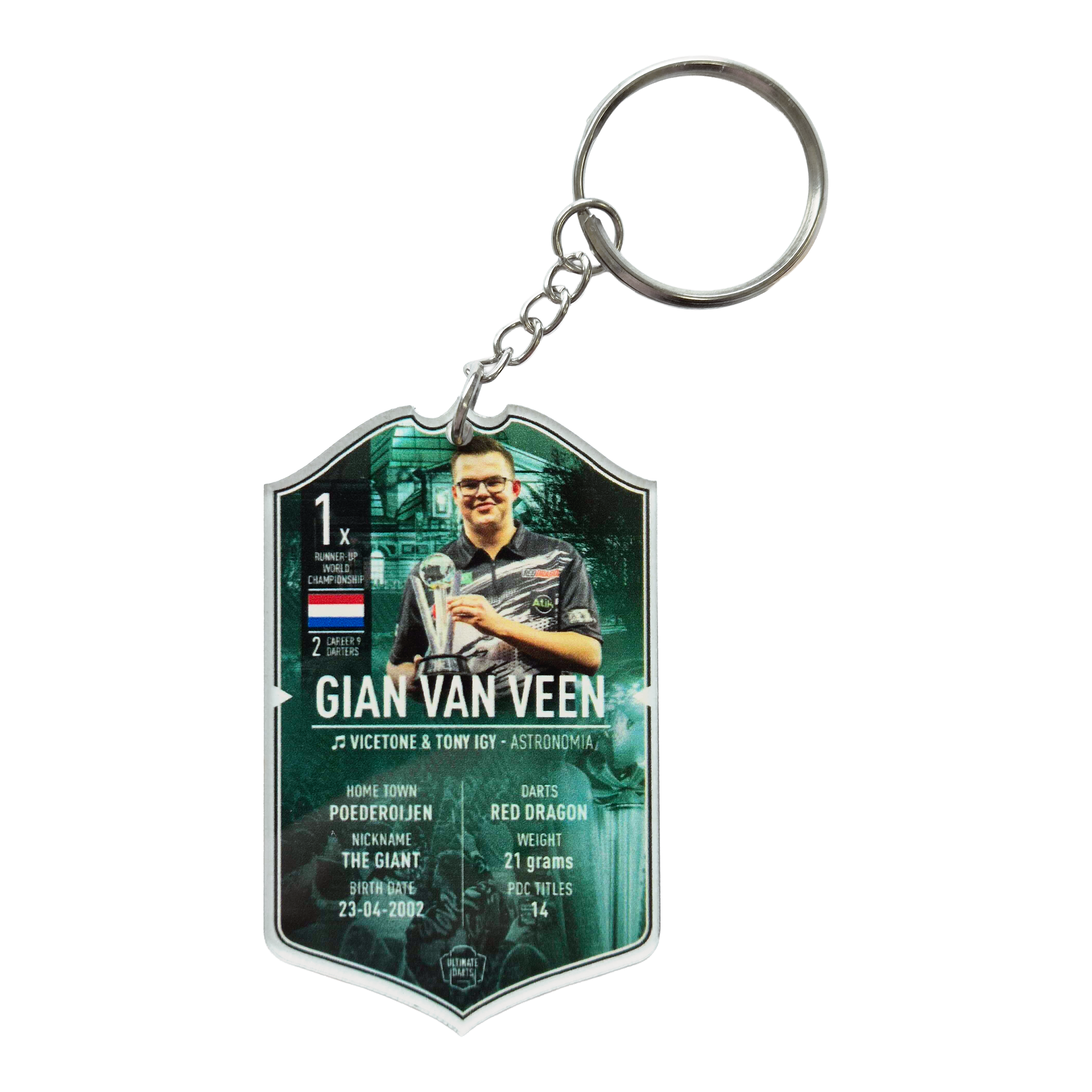 Ultimate Darts Card Schlüsselanhänger - Gian Van Veen ist abgebildet. Es handelt sich um einen Schlüsselanhänger mit dem Bild des Dartspielers Gian Van Veen.