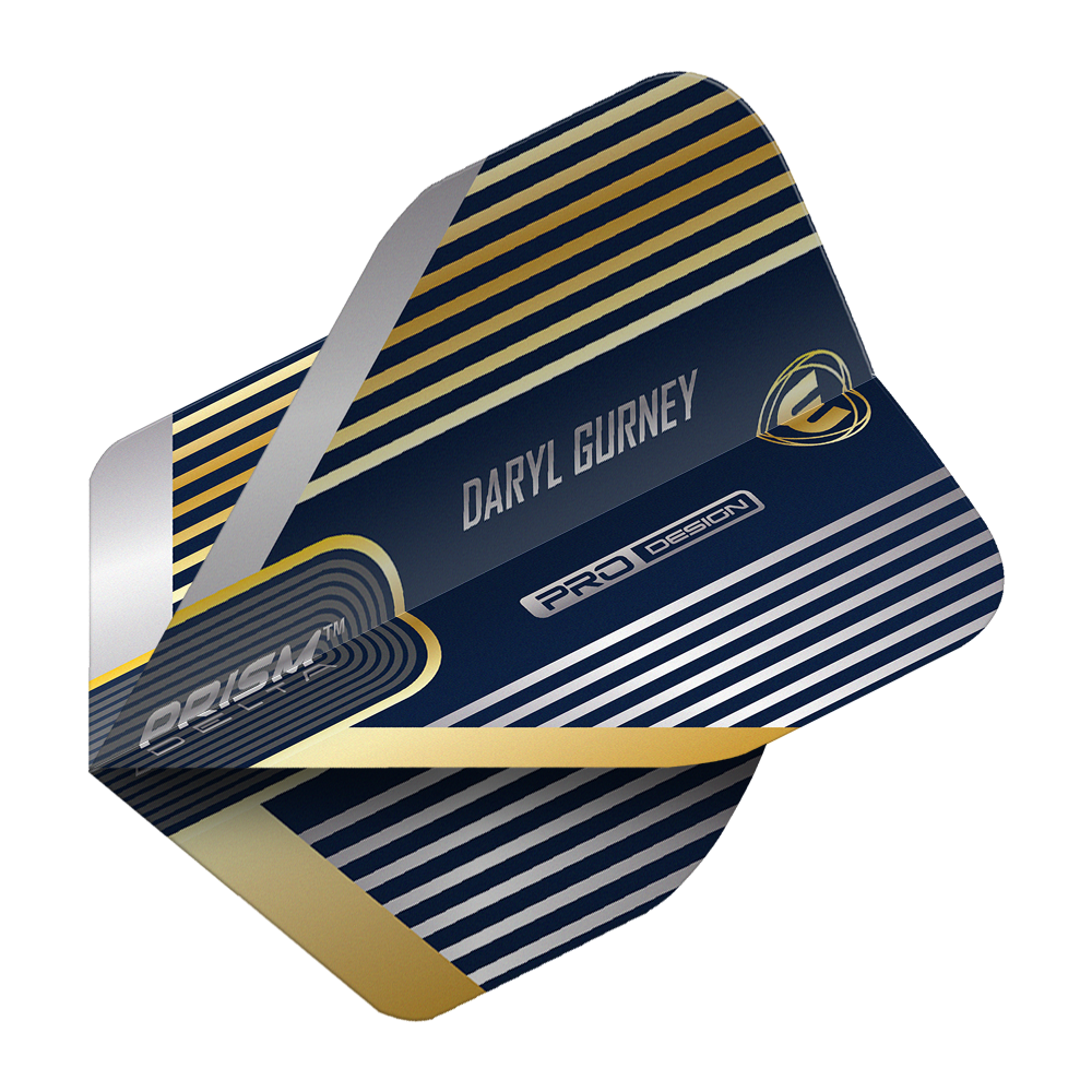 Winmau Prism Delta Daryl Gurney No2 Standard Flights Das Bild zeigt ein Dartflight mit dem Namen "Winmau Prism Delta Daryl Gurney No2 Standard Flights". Das Design ist dunkelblau mit silbernen und goldenen Streifen sowie dem Schriftzug "Daryl Gurney".