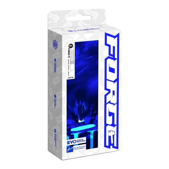 Die Abbildung zeigt die Verpackung der „Caliburn Forge F3 Steeldarts - 22g“. Die Box ist überwiegend weiß mit blauen Akzenten und großem „FORGE“-Schriftzug an der Seite.