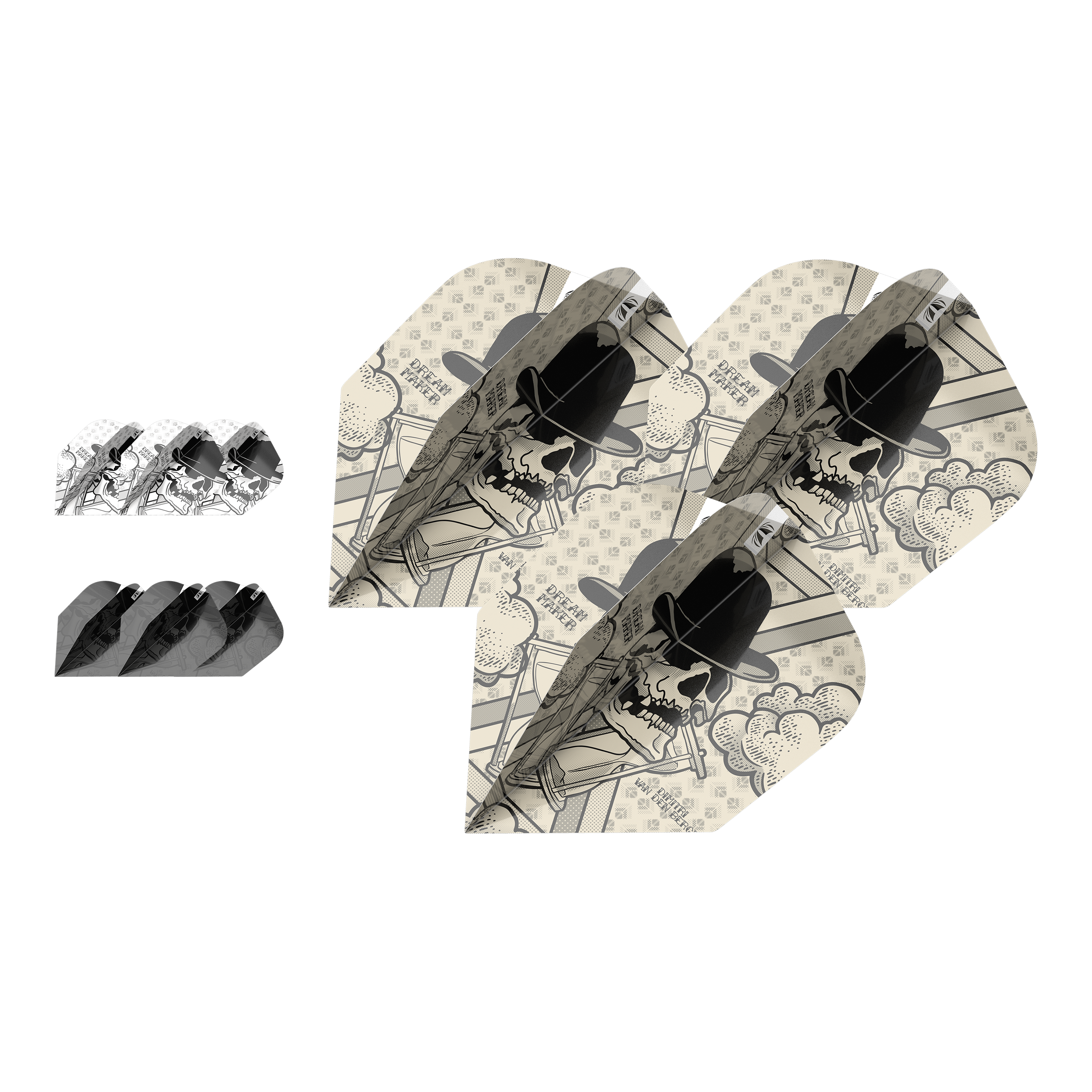 Target Ink Bundle 3 Sets Dimitri Van Den Bergh No6 Flights Das Bild zeigt drei Sets Dimitri Van Den Bergh No6 Flights aus der Target Ink Bundle Serie. Die Flights haben ein auffälliges Design mit einem Totenkopf, der einen Hut trägt.