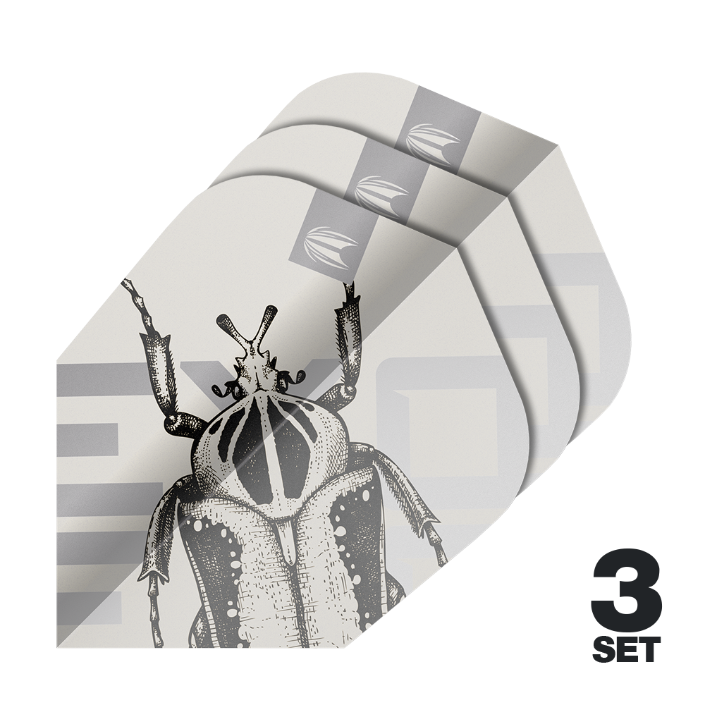 Target Pro Ultra Exo 2.0 Ten-X Flights - 3 sets Das Bild zeigt drei Sätze Target Pro Ultra Exo 2.0 Ten-X Flights für Darts. Auf den Flights ist eine schwarz-weiße Zeichnung eines Insekts abgebildet.