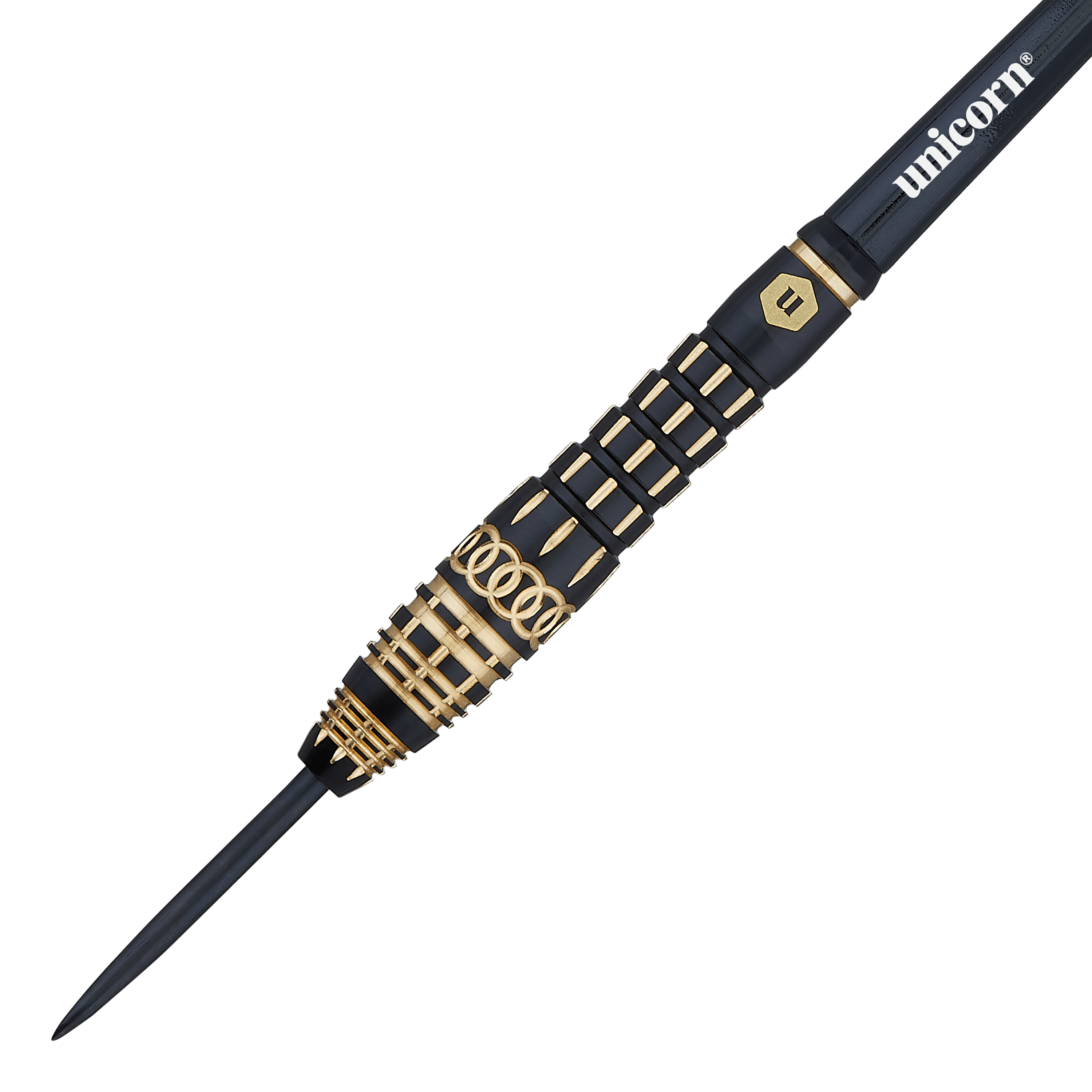 Unicorn Top Brass V4 Steeldarts - 20g Das Bild zeigt einen Unicorn Top Brass V4 Steeldart mit 20g Gewicht. Der Dart ist schwarz mit goldenen Akzenten und trägt das Unicorn-Logo.
