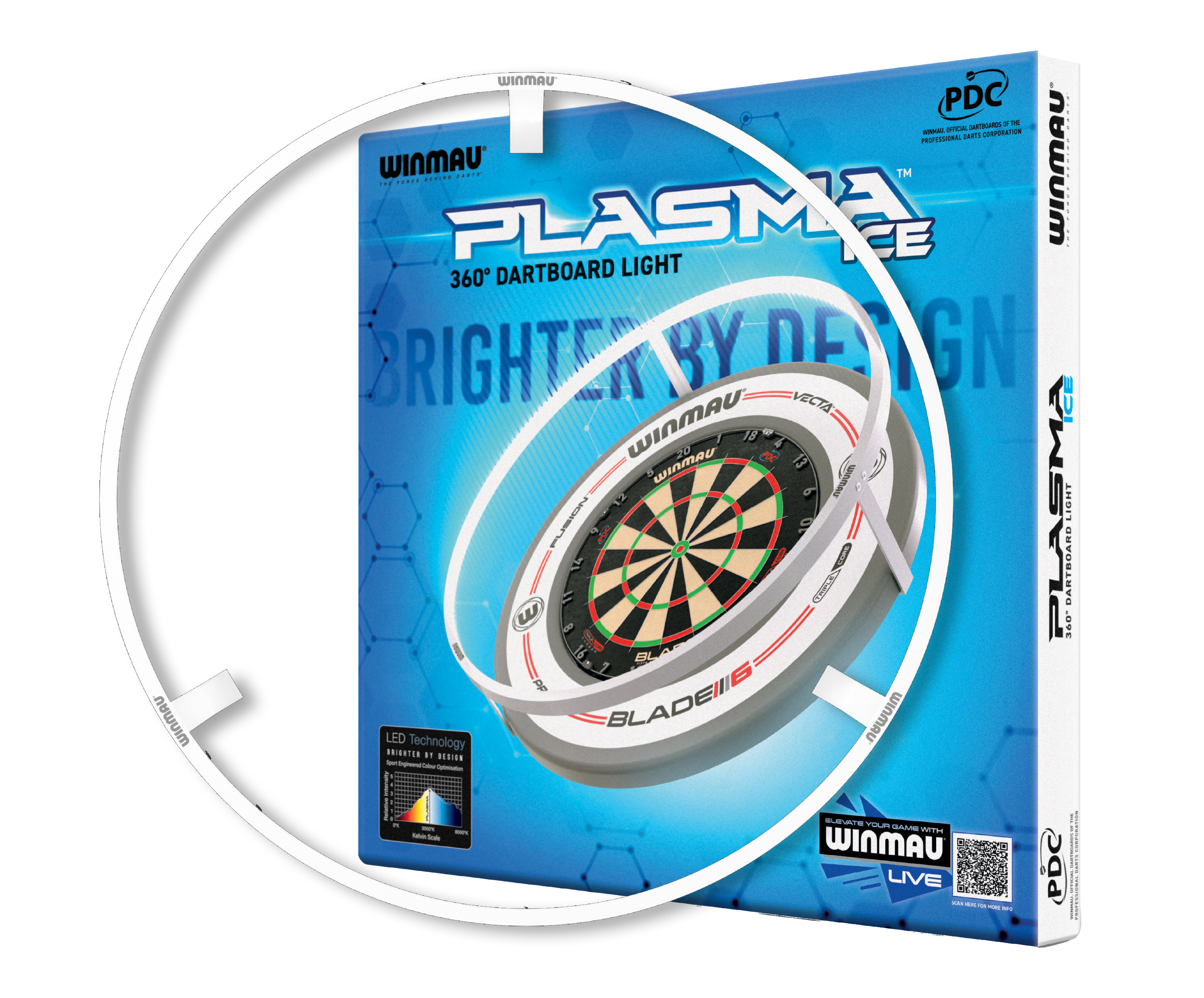 BUNDLE Winmau Plasma Ice LED Lighting and Surround Das Bild zeigt das Produkt "Winmau Plasma Ice LED Beleuchtung und Surround Bundle". Auf der Verpackung ist ein beleuchteter Dartboard-Ring mit dazugehörigem Dartboard abgebildet.