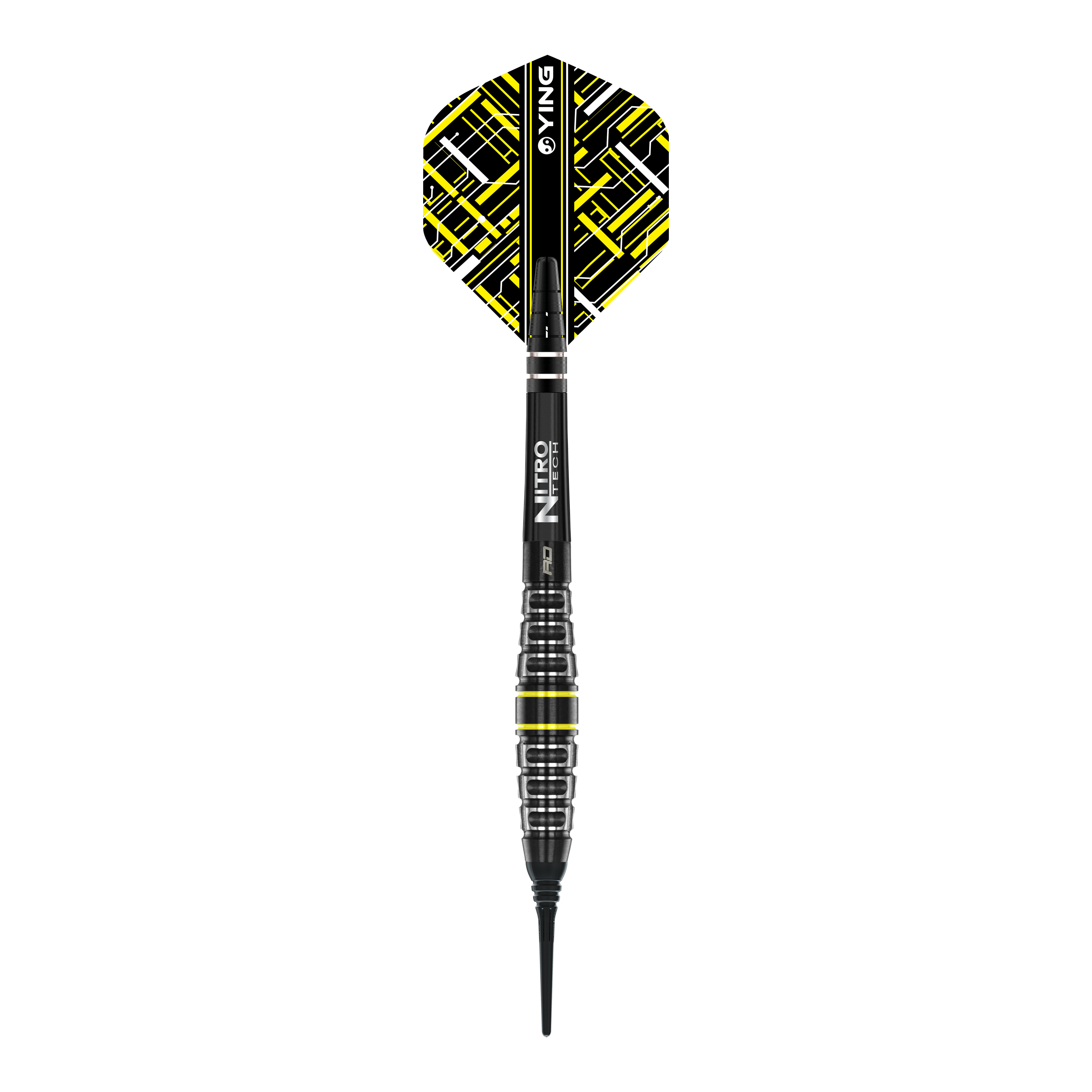 Red Dragon Astraeus Q4X Torpedo Soft Darts - 20g Das Bild zeigt den Red Dragon Astraeus Q4X Torpedo Softdart mit einem Gewicht von 20g. Der Dart hat ein modernes Design mit schwarzen und gelben Akzenten.