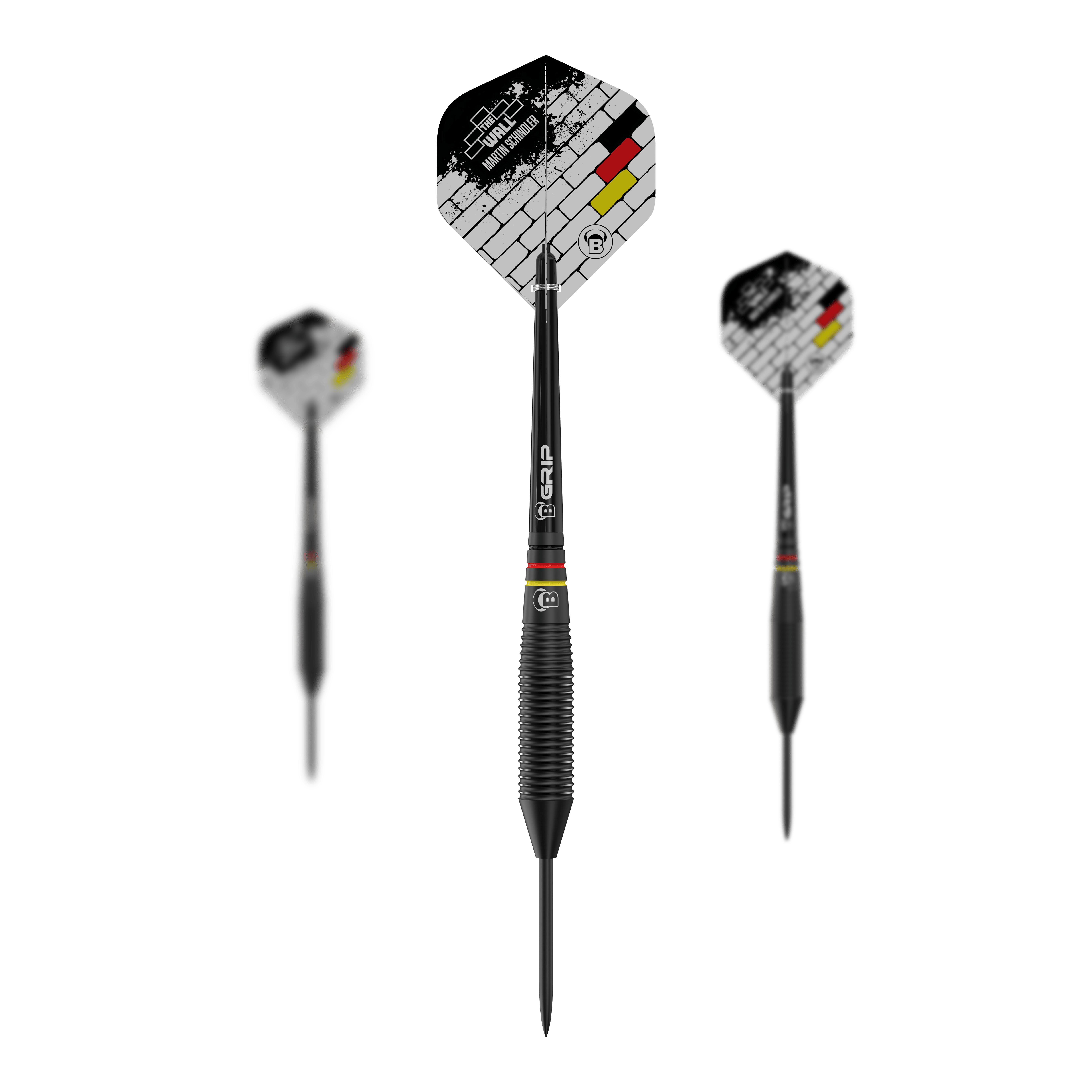 Bulls Martin Schindler The Wall Black Brass Steeldarts Das Bild zeigt drei schwarze Steeldarts der Marke "Bulls Martin Schindler The Wall Black Brass". Die Flights sind mit einem weißen Mauersteinmuster und den Farben der deutschen Flagge verziert.