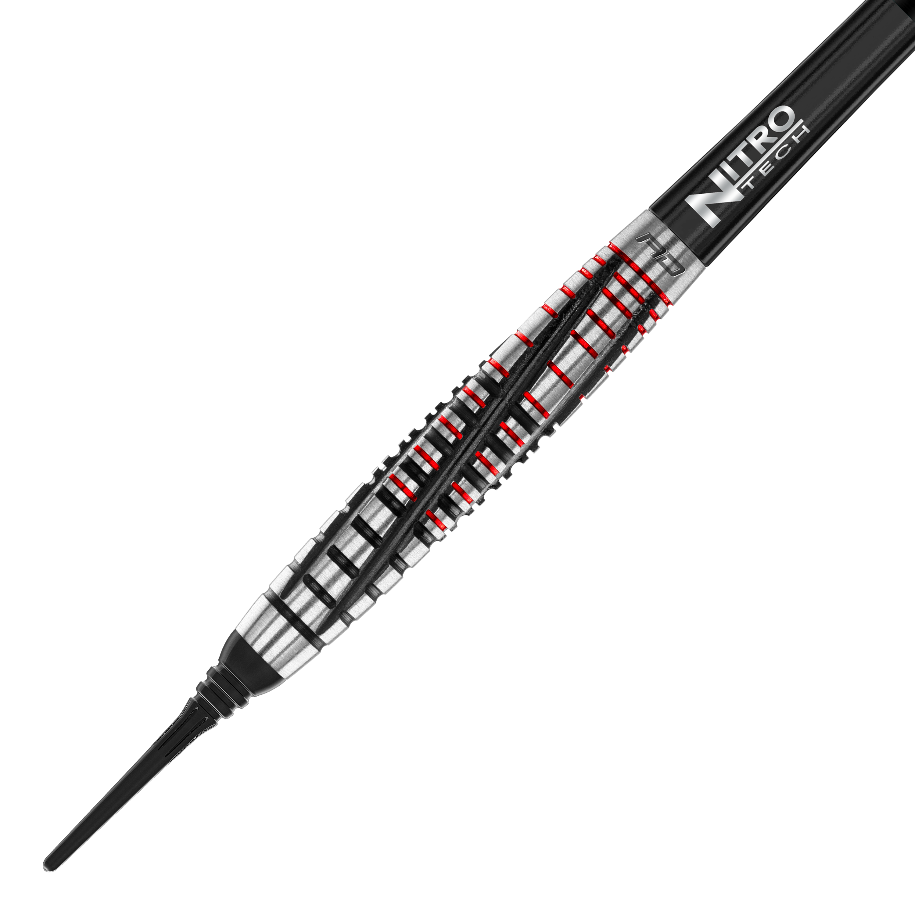 Red Dragon Rifle Soft Darts - 20g Das Bild zeigt einen Red Dragon Rifle Softdart mit einem Gewicht von 20 Gramm. Der Dartpfeil hat ein silbernes und schwarzes Design mit roten Akzenten.