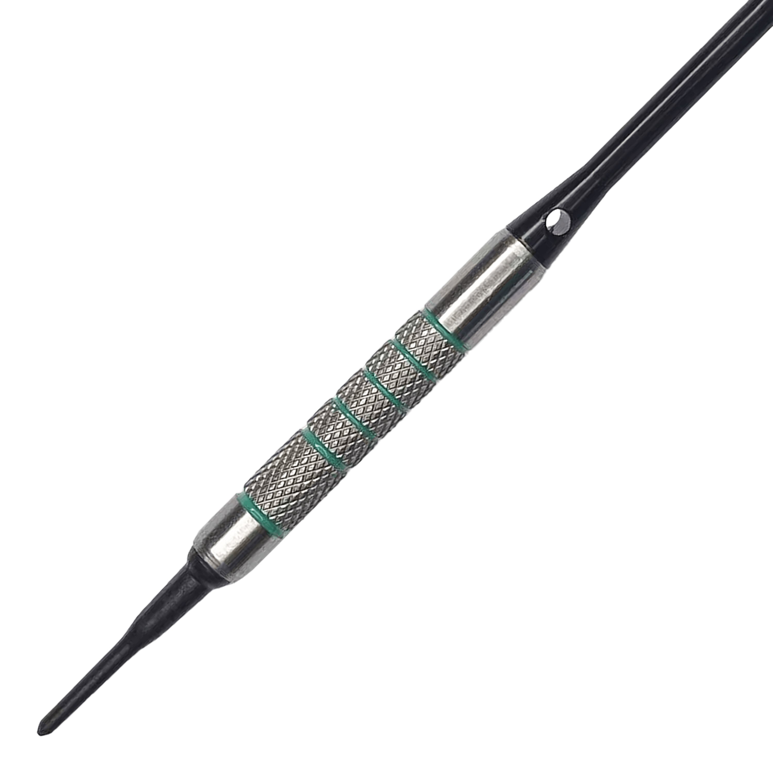 McDart 85 Tungsten V7 soft darts - 16.5g Das Bild zeigt einen McDart 85er Tungsten V7 Softdart mit einem Gewicht von 16,5g. Der Dart hat eine strukturierte silberne Griffzone mit grünen Akzenten und einer schwarzen Kunststoffspitze.