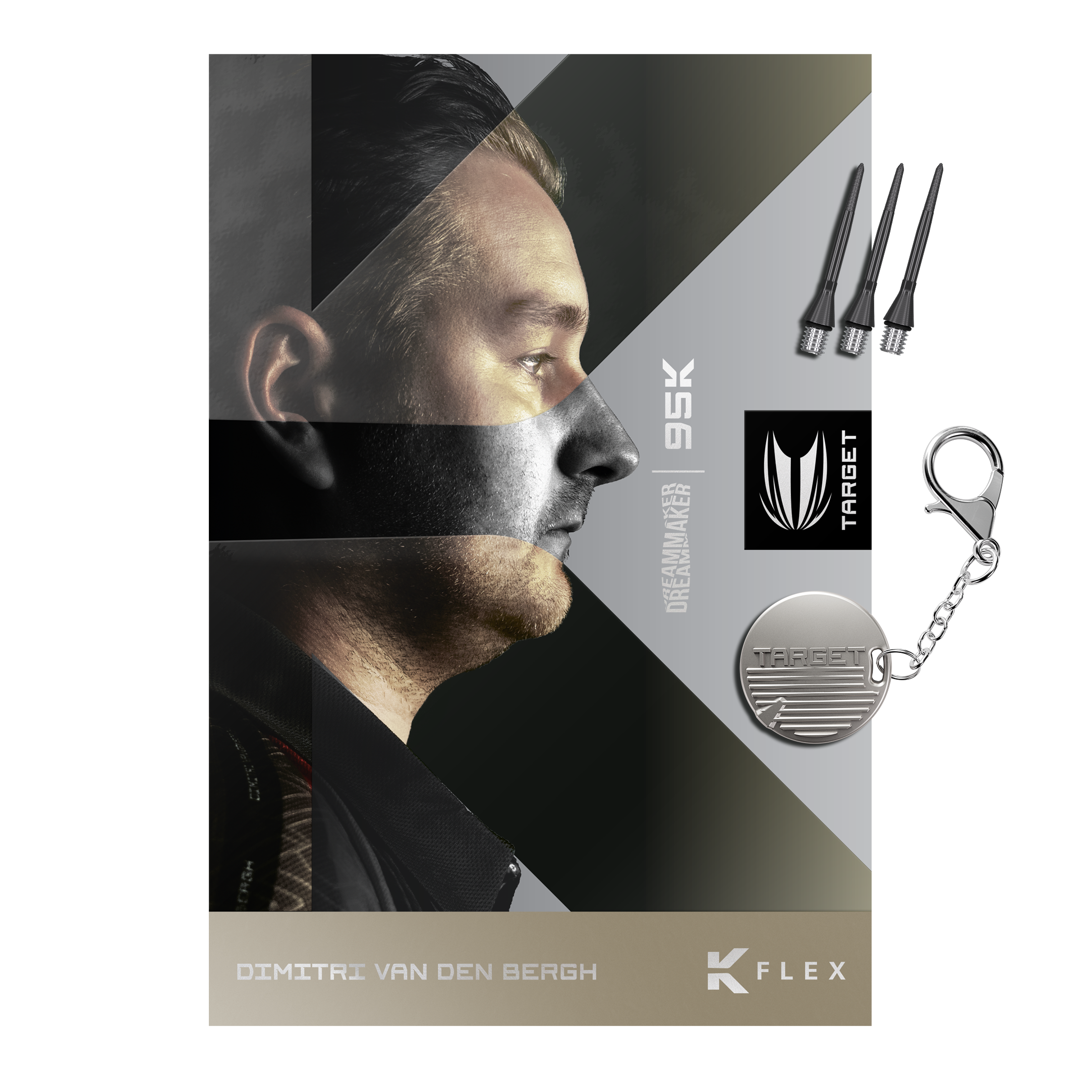 Target Dimitri Van Den Bergh 95K soft darts - 19g Das Bild zeigt die Target Dimitri Van Den Bergh 95K Softdarts mit einem Gewicht von 19 Gramm. Die Softdarts sind für präzises Werfen und professionelles Dartspiel konzipiert.