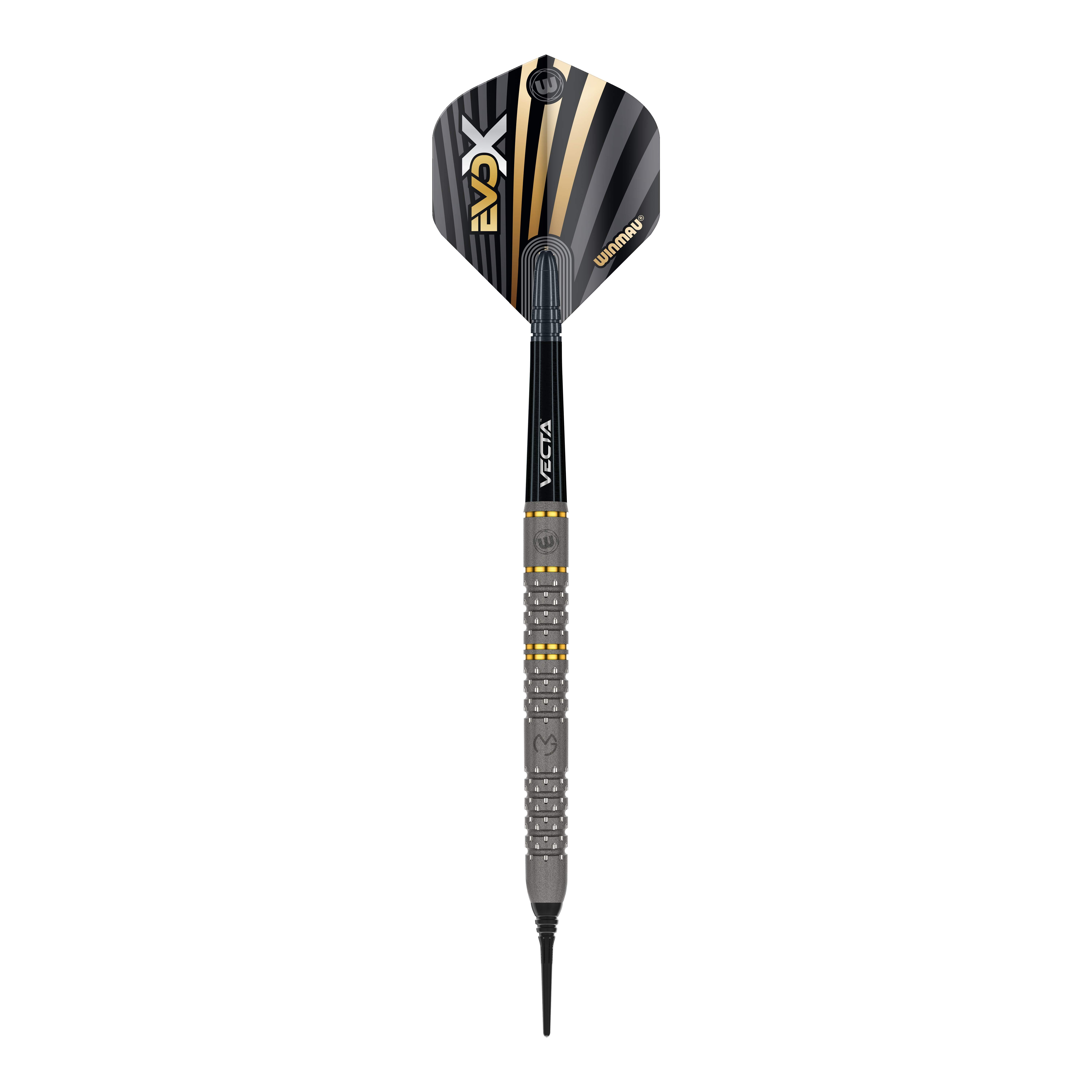 Das Bild zeigt einen Winmau Michael Van Gerwen Evo-X Softdart mit einem Gewicht von 20g. Der Dart hat ein modernes Design mit schwarz-goldenen Akzenten und einer strukturierten Griffzone.