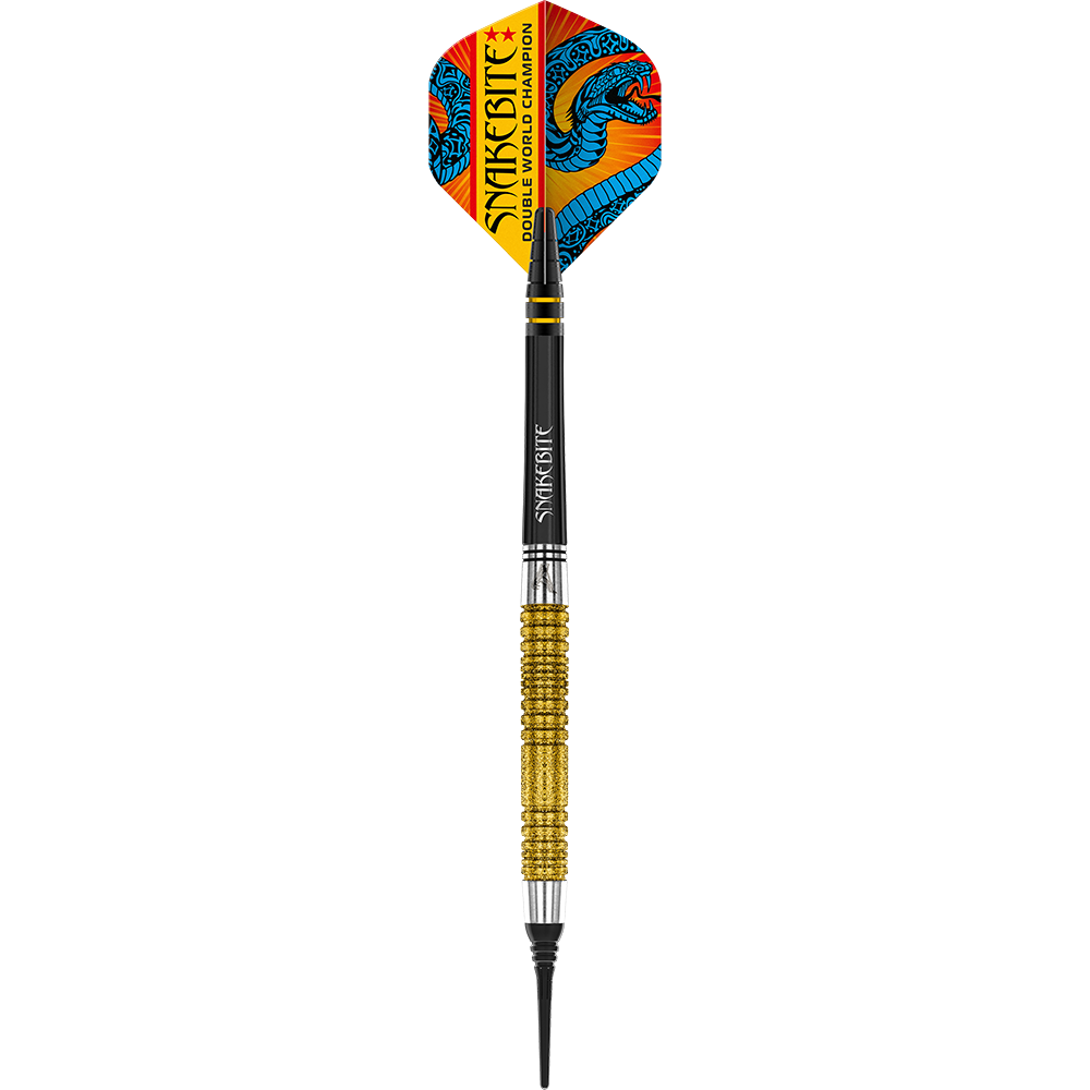 Red Dragon Peter Wright Double World Champion SE Gold Plus Softdarts - 20g Das Bild zeigt einen Softdart mit goldfarbenem Griff und bunter Spitze. Auf dem Flight steht "Snakebite Double World Champion" und es ist ein blauer Drache abgebildet.