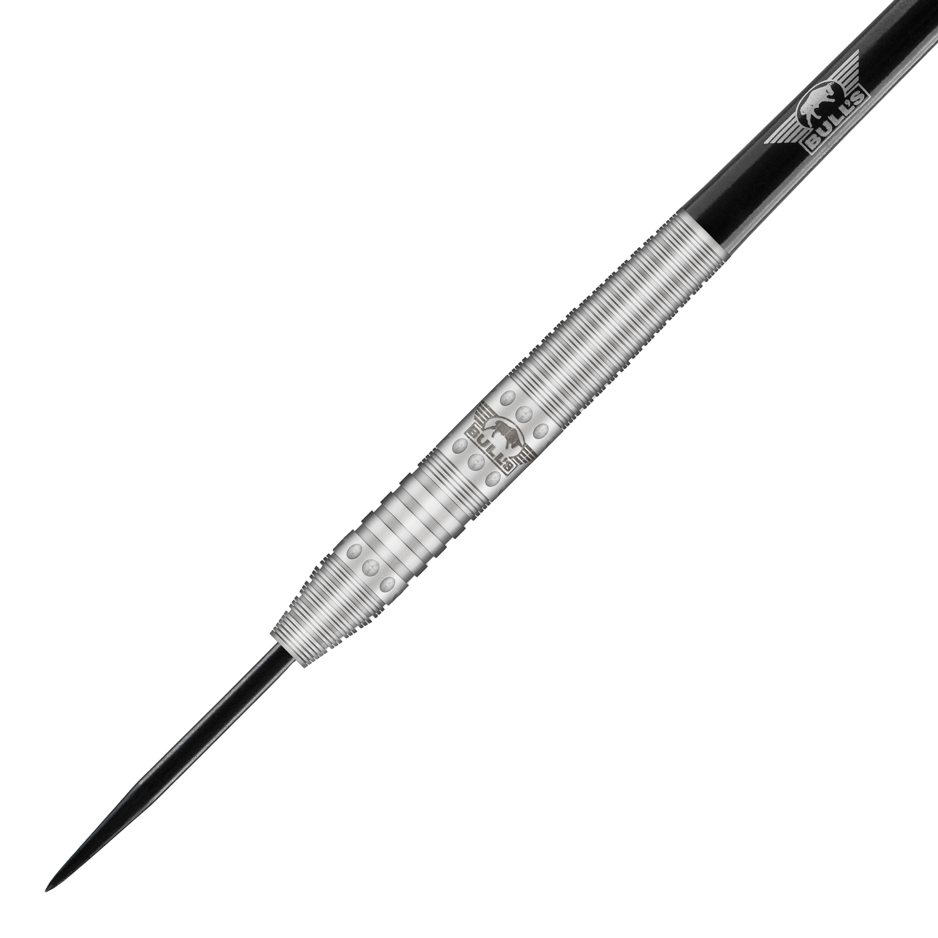 Bulls NL Richard Veenstra 80 steel darts - 23g Das Bild zeigt einen silbernen Steeldartpfeil mit schwarzer Spitze und silbernen Ringen. Auf dem Barrel ist das Logo von Bulls NL eingraviert.