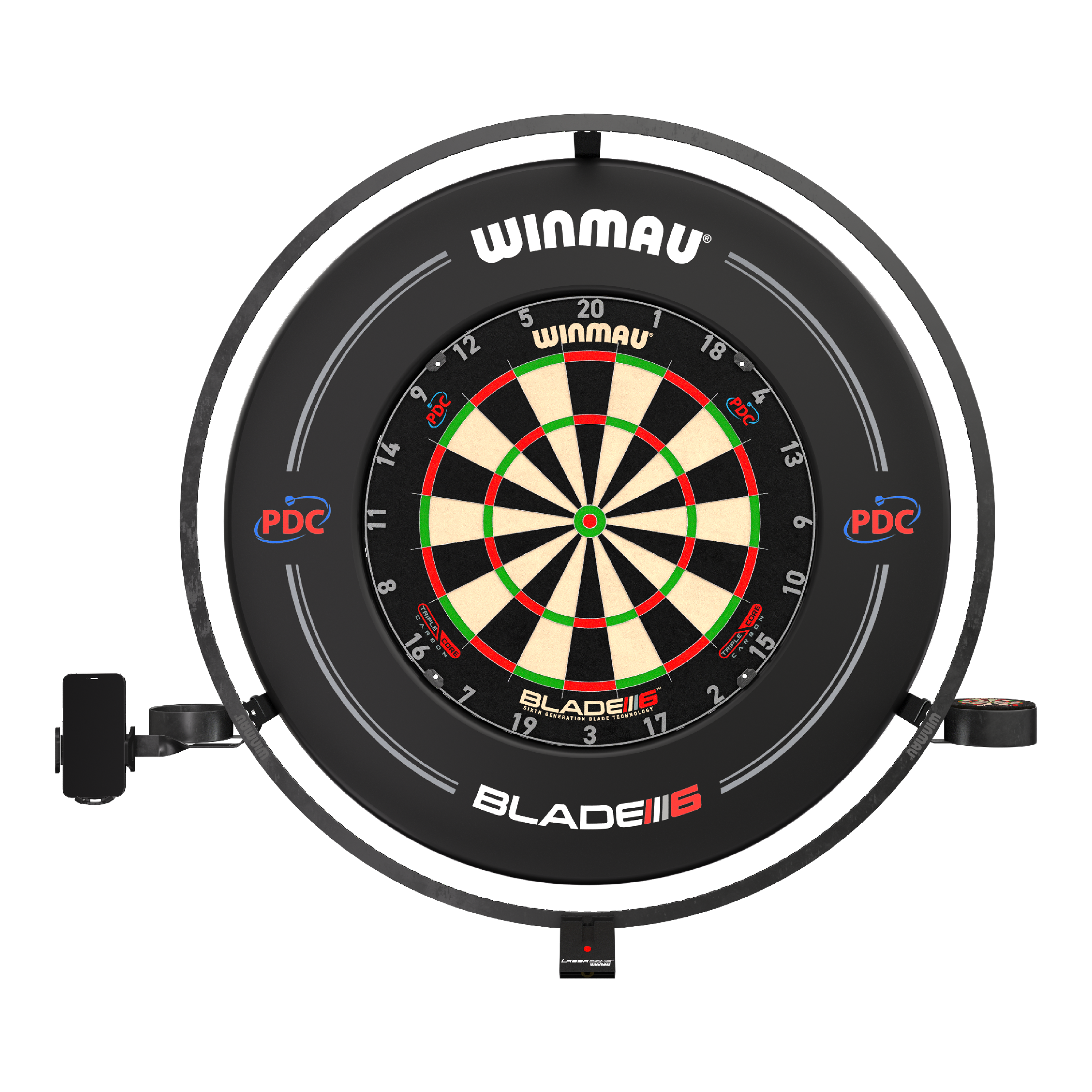 Winmau Plasma Accessory Set Das Bild zeigt das Produkt "Winmau Plasma Zubehör Set" mit einer Dartscheibe und einem umgebenden LED-Leuchtring. Das Set ist für professionelles Dartspielen geeignet und trägt das PDC-Logo.