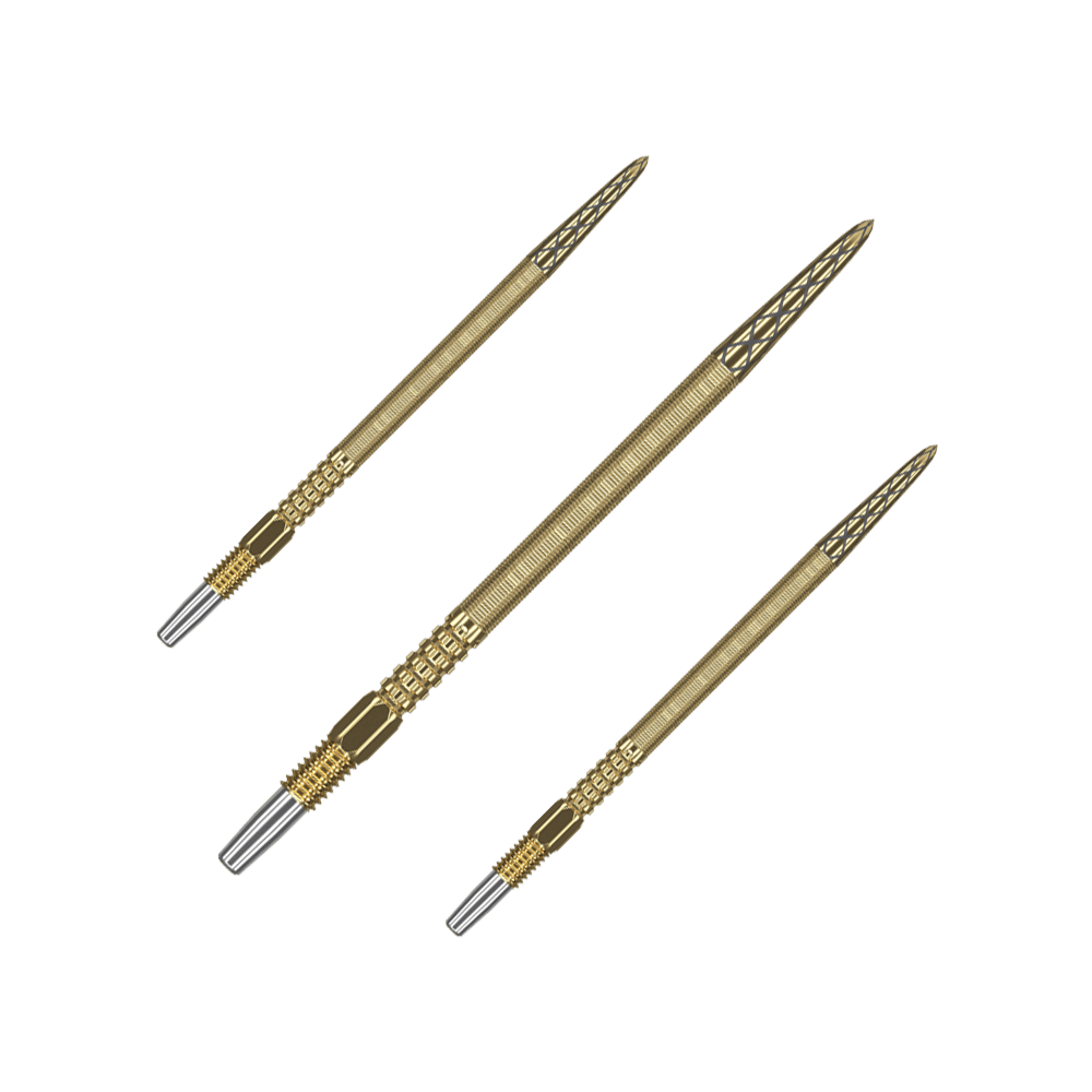 Target Swiss Point DX dart tips - gold Das Bild zeigt drei goldene Dartspitzen mit feiner Gravur. Sie sind in einer Reihe nebeneinander angeordnet und haben silberne Endstücke.