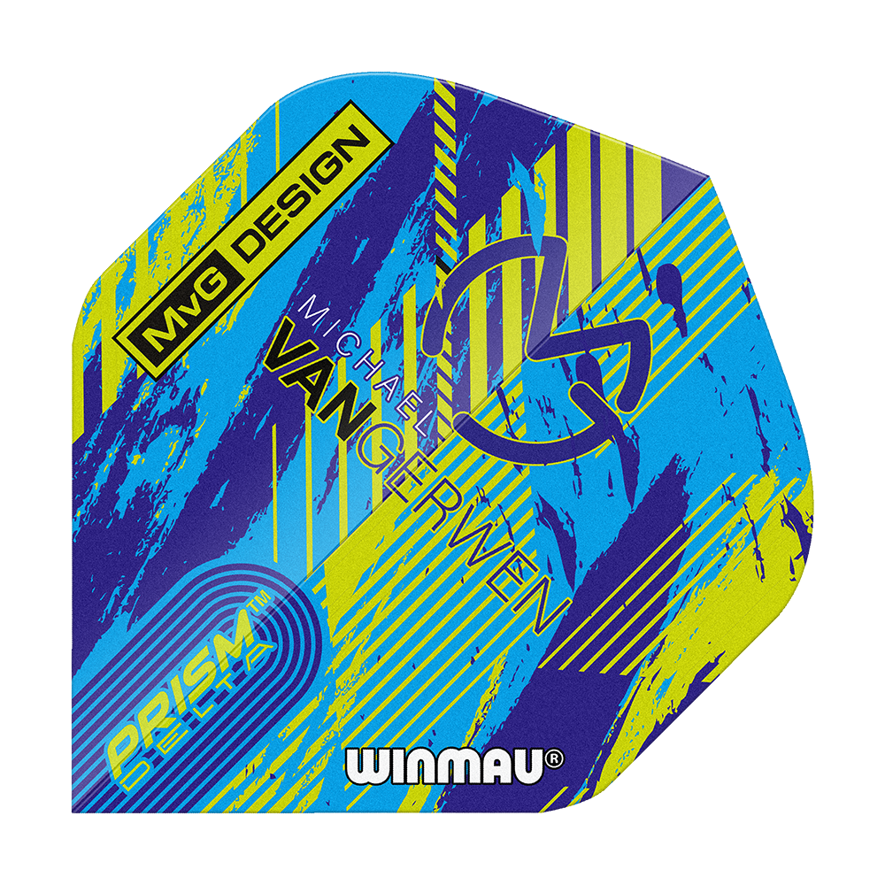 Winmau Delta Michael Van Gerwen Prism 04 Standard Flights Das Bild zeigt ein buntes Dartflight mit dem Namen "Winmau Delta Michael Van Gerwen Prism 04 Standard Flights". Auf dem Flight sind verschiedene Schriftzüge und ein modernes Design in Blau, Gelb und Lila zu sehen.