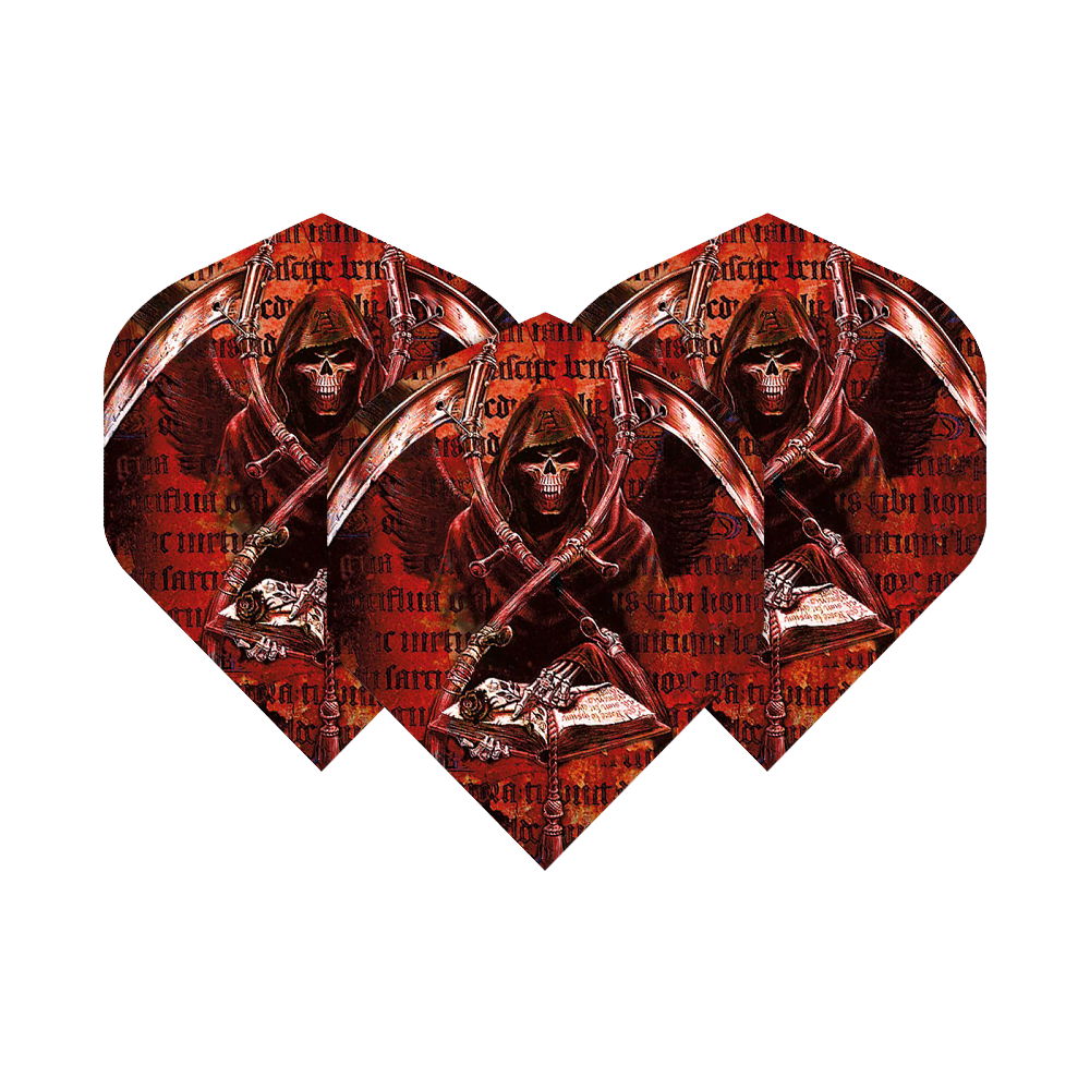ALC3_Alchemy_Day_Of_Reckoning_Standard_Flights_1RjUxNZXDE5S9z Das Bild zeigt drei Dartflights mit einem düsteren Sensenmann-Design. Die Farben sind überwiegend rot und schwarz, und im Hintergrund sind Schriftzüge zu sehen.