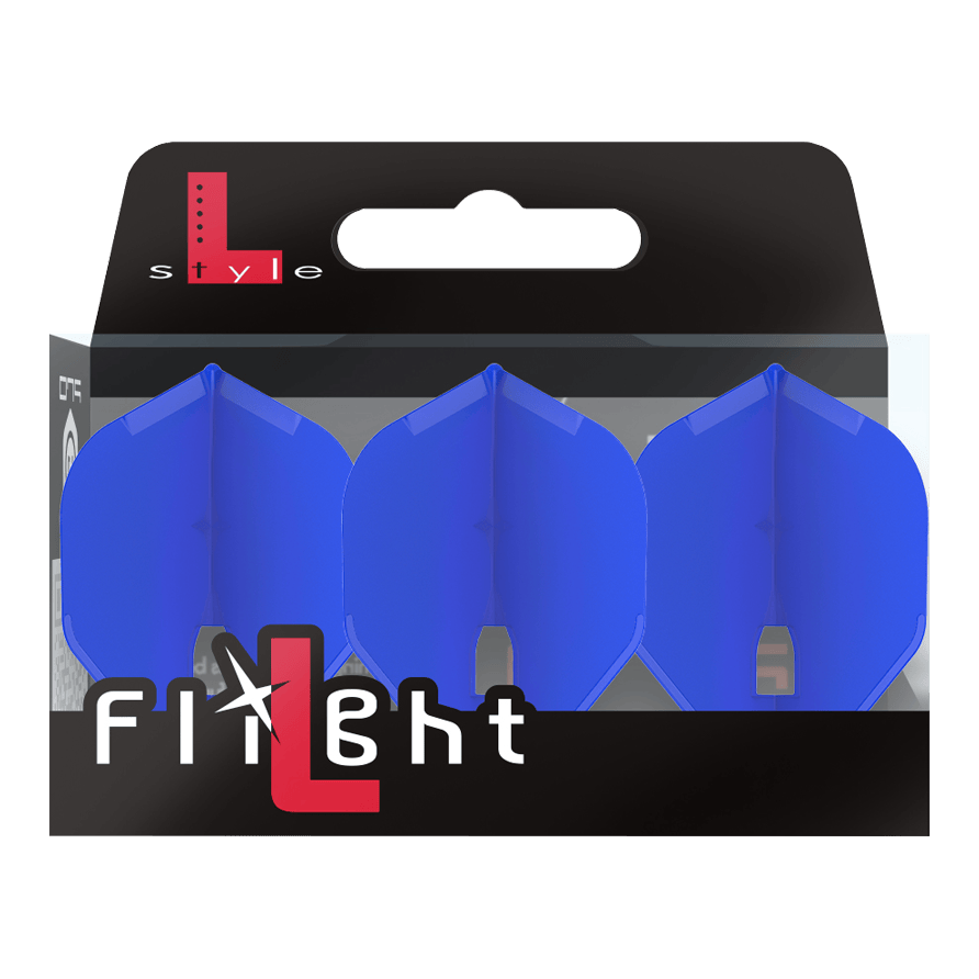 Auf dem Bild ist eine Packung mit drei blauen Dart-Flights der Marke L-Style zu sehen. Die Verpackung ist überwiegend schwarz und trägt die Aufschrift „Flight“.