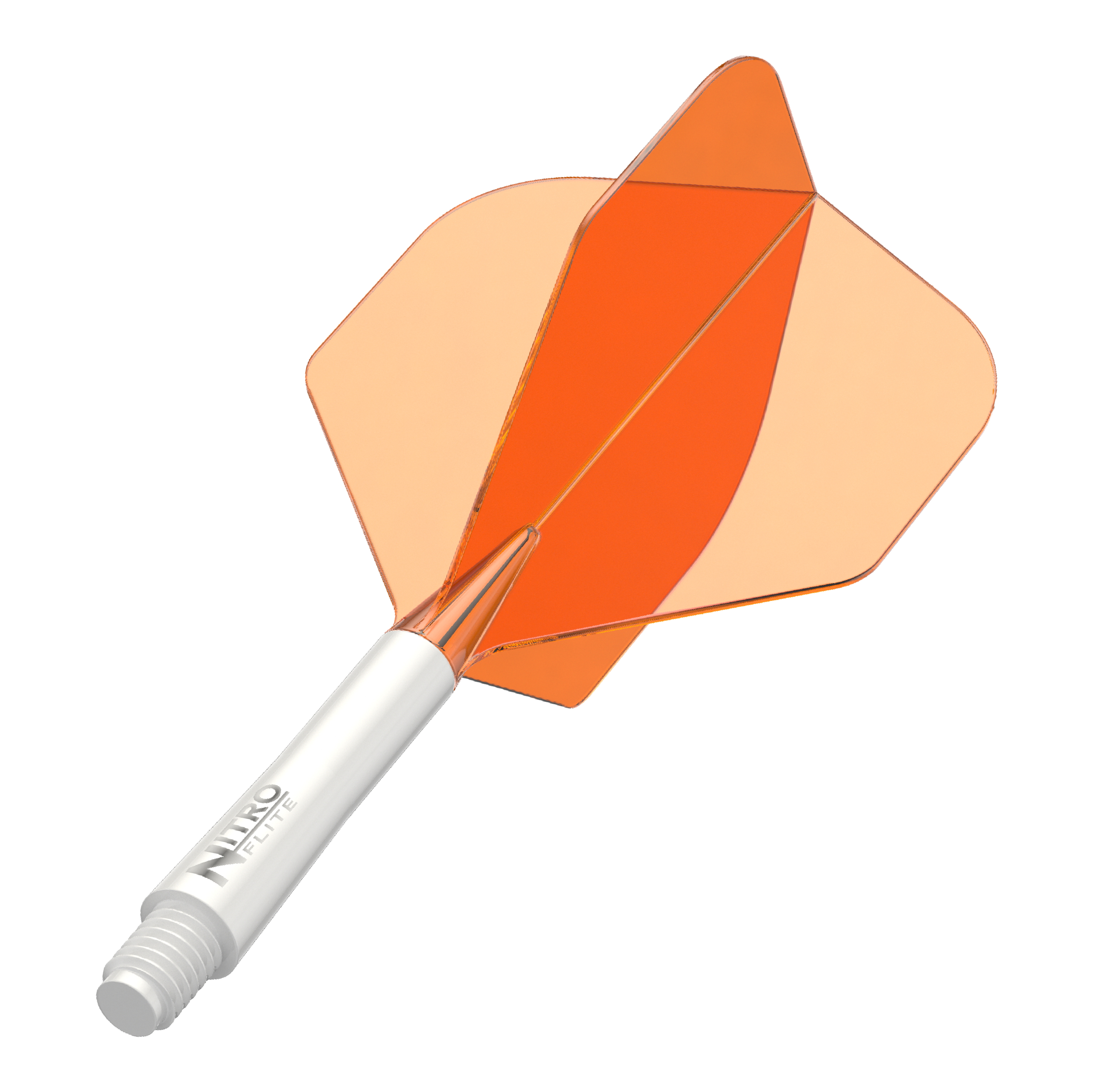 Auf dem Bild sieht man einen weißen Dart-Schaft mit orangefarbenen Flights. Es handelt sich vermutlich um das Red Dragon Nitroflite Modell in Intermediate-Länge.