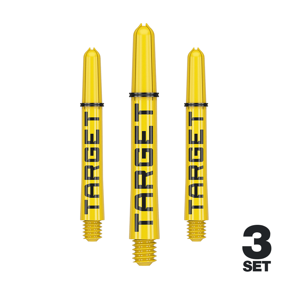 Das Bild zeigt drei gelbe Dart-Schäfte mit der Aufschrift "TARGET". Unten rechts steht "3 SET", was auf ein Set mit drei Stück hinweist.