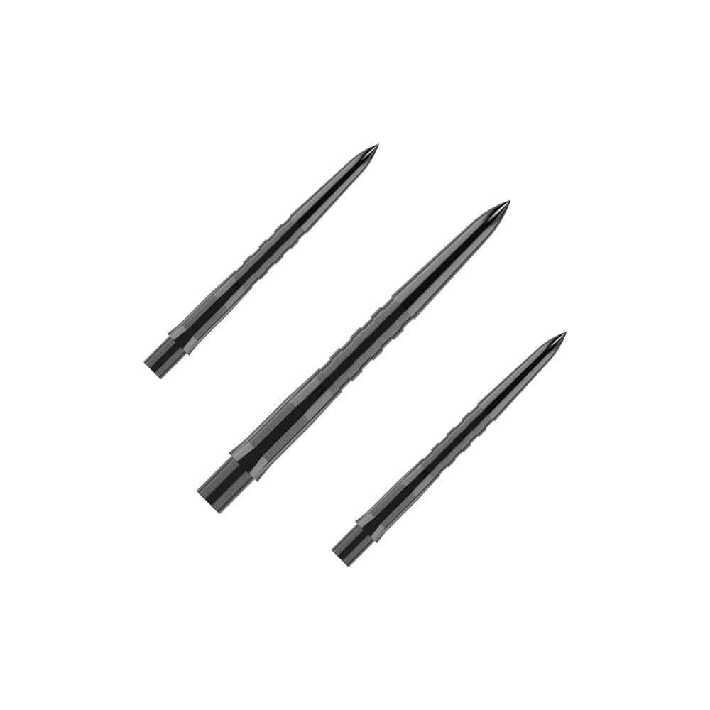 Mission Caliburn EVO Dart Tips - Grooved - Black Das Bild zeigt drei schwarze, gerillte Steeldartspitzen, die parallel zueinander liegen. Die Spitzen sind spitz zulaufend und haben eine glänzende Oberfläche.