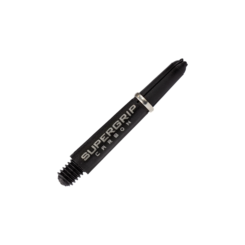 Das Bild zeigt einen Harrows Supergrip Carbon Shaft in Silber. Der Schaft ist schwarz mit silberner Schrift und einem silbernen Ring.