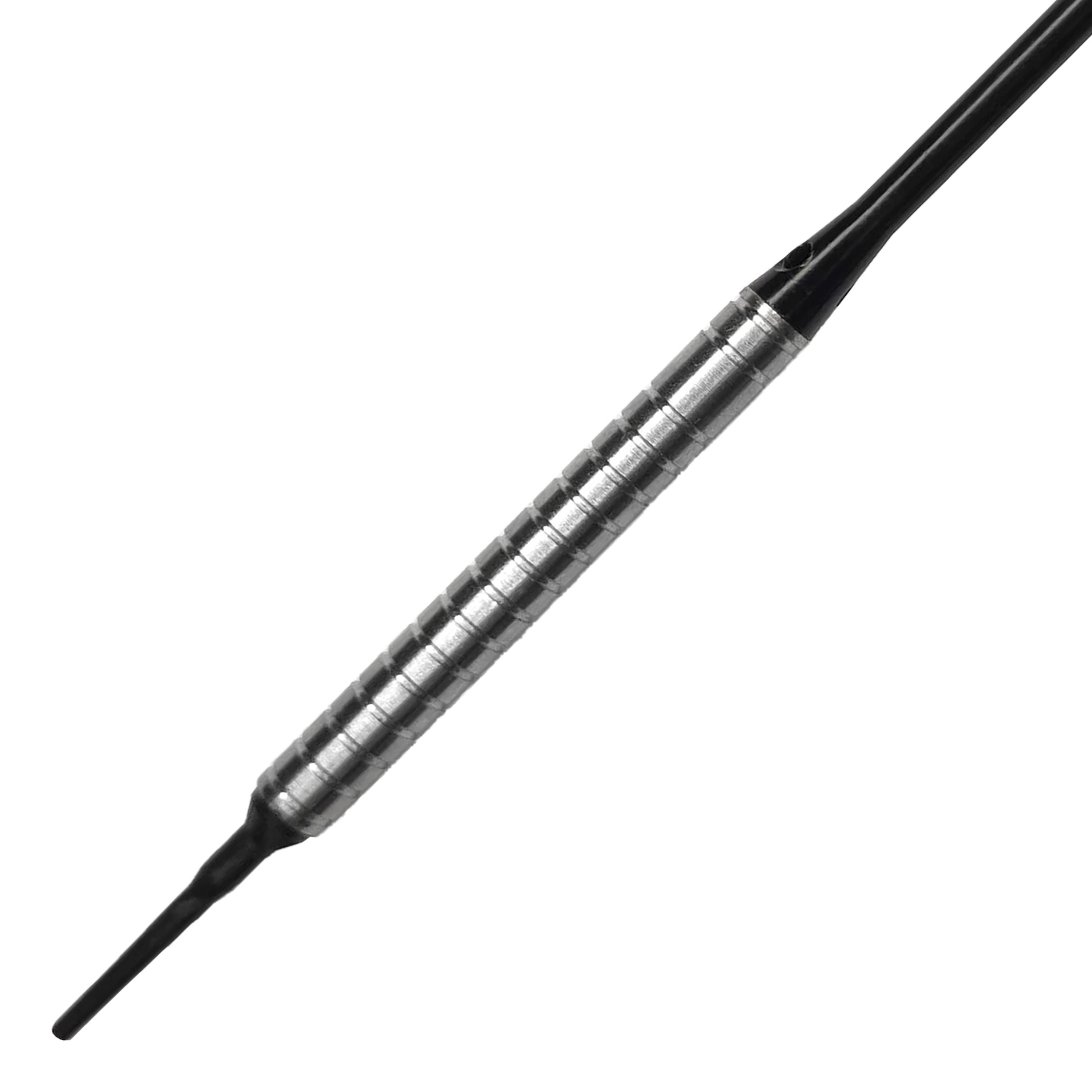 McDart 85 Tungsten V24 Softdarts - 18.5g Das Bild zeigt einen McDart 85er Tungsten V24 Softdart mit einem Gewicht von 18,5 g. Der Dartpfeil hat eine silberne, geriffelte Barre und schwarze Kunststoffspitzen.