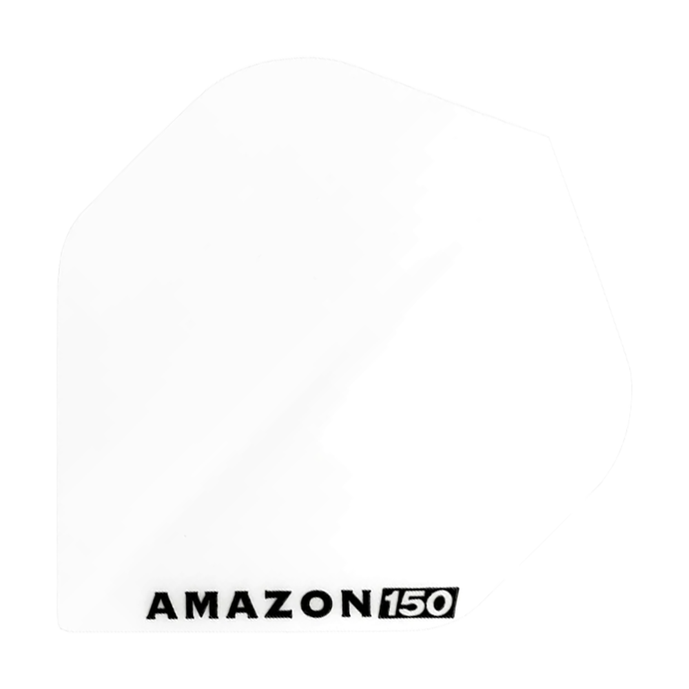 Amazon 150 Flights - White Das Bild zeigt ein weißes Dartflight mit der Aufschrift "AMAZON 150" in schwarzer Farbe. Das Flight hat eine klassische, schlichte Form und ist komplett einfarbig.