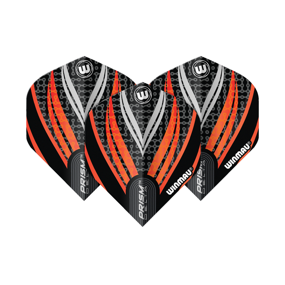 Winmau Prism Delta Black White Orange No. 2 Standard Flights Das Bild zeigt drei Dart-Flights des Modells "Winmau Prism Delta" in Schwarz, Weiß und Orange. Die Flights haben ein modernes Design mit auffälligen orangefarbenen und silbernen Streifen.