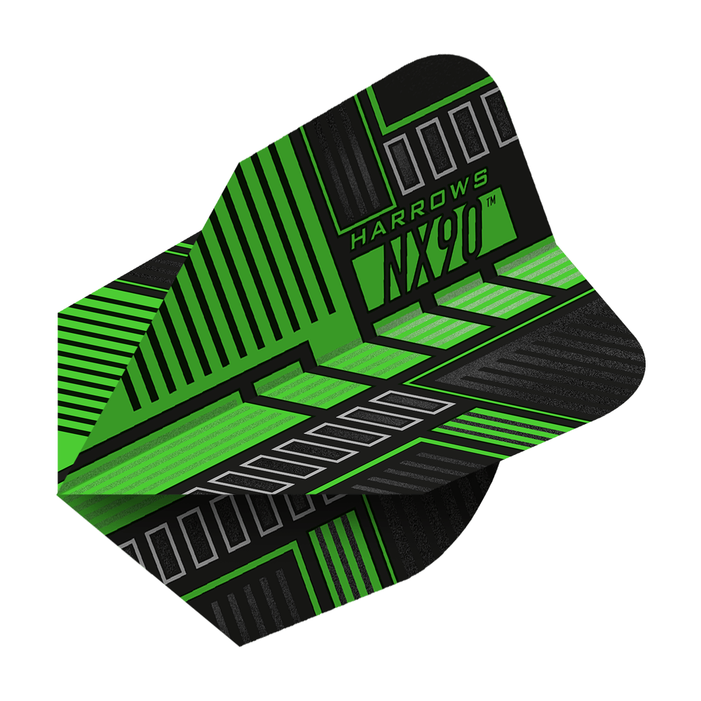 HR49_Harrows_Prime_NX90_Green_No6_Flights_2 Auf dem Bild ist ein Harrows Prime NX90 Green Flight zu sehen. Das Flight ist überwiegend schwarz mit grünen und silbernen grafischen Mustern.
