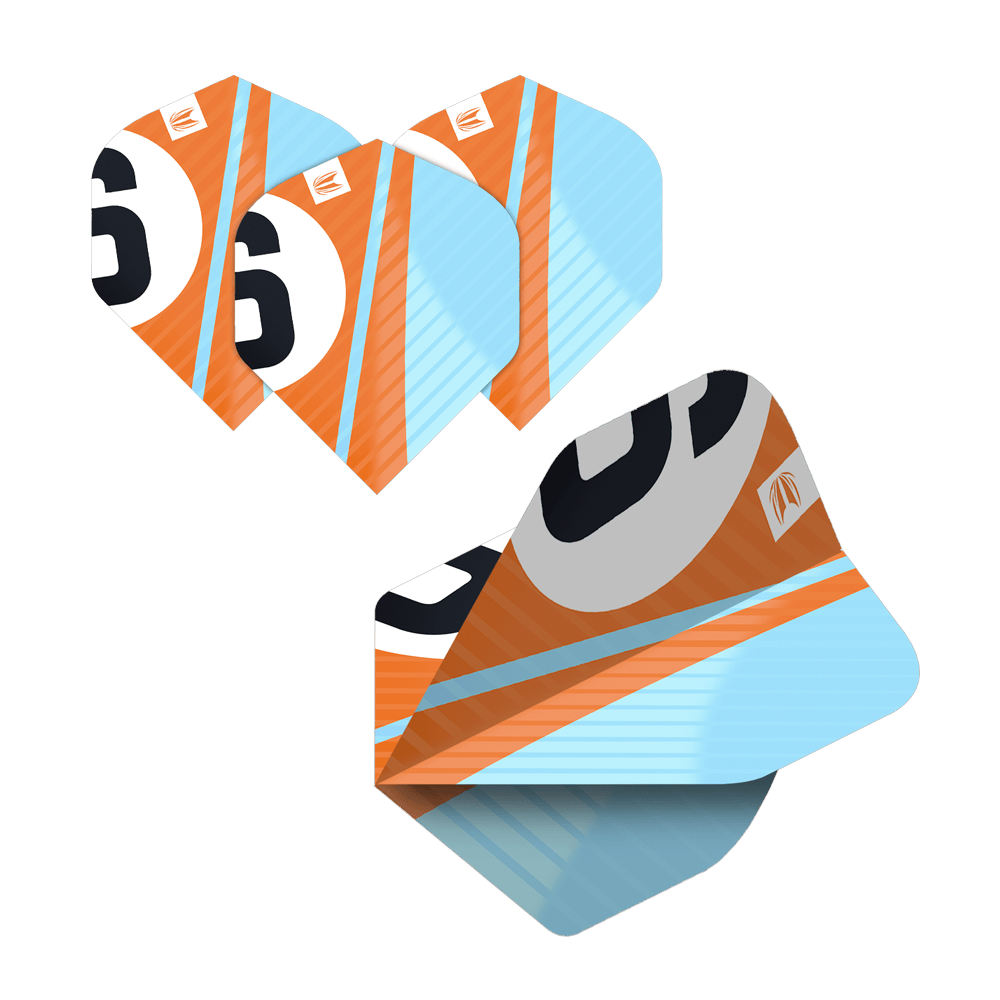 337204_Target_ProUltra_5Sets_Multipack_Chicane_No2_Standard_Flights_43K0AetR7xqsvN Das Bild zeigt die "Target Pro Ultra Chicane Multipack No2 Standard Flights" in einem Set mit 5 Stück. Die Flights sind in Orange, Blau und Schwarz gestaltet und tragen eine große "6" als Designelement.