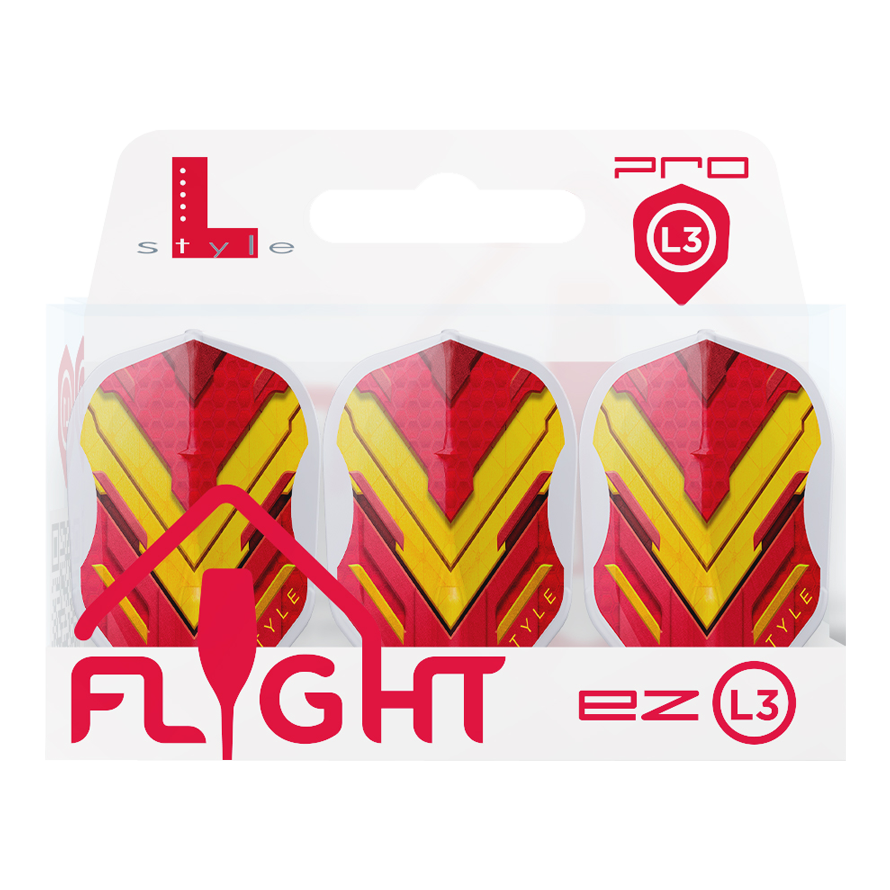 L-Style V-Series V1 Type A Spain Clear White L3EZ Flights Das Bild zeigt eine Packung mit drei Dart-Flights der Marke L-Style in den Farben Rot und Gelb. Auf der Verpackung steht „FLIGHT ez L3“ und oben rechts ist das Pro L3-Logo zu sehen.